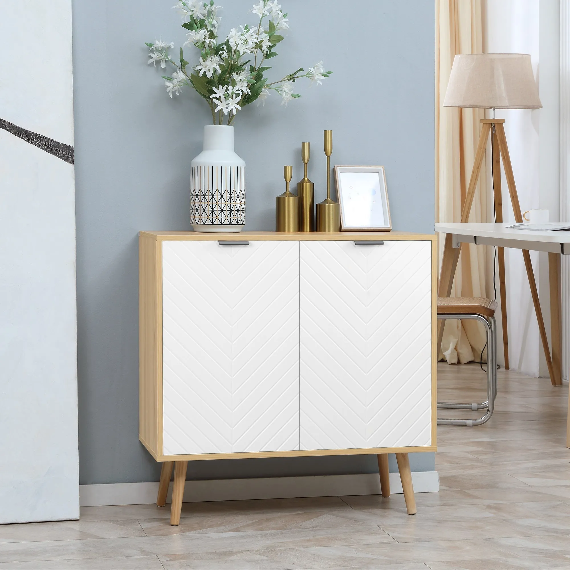 Modern Multipurpose Cabinet in Chipboard and Pine Wood with 3-Level Adjustable Internal Shelf, 77x35x77.5 cm - Image 2