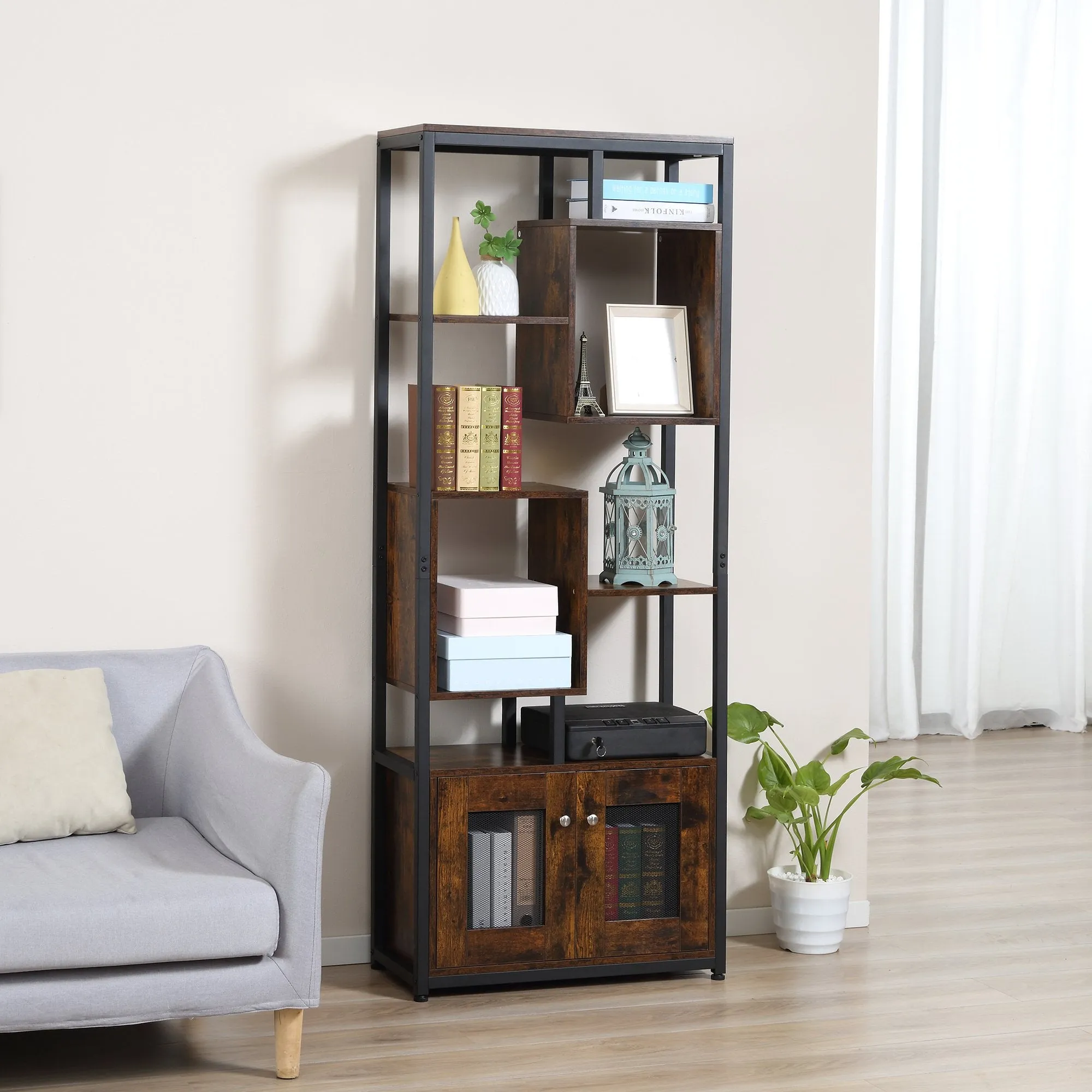 Mobile Industrial Style Library 8 shelves with 2 doors for 2 doors and office, 70x30x180cm, brown - Image 2