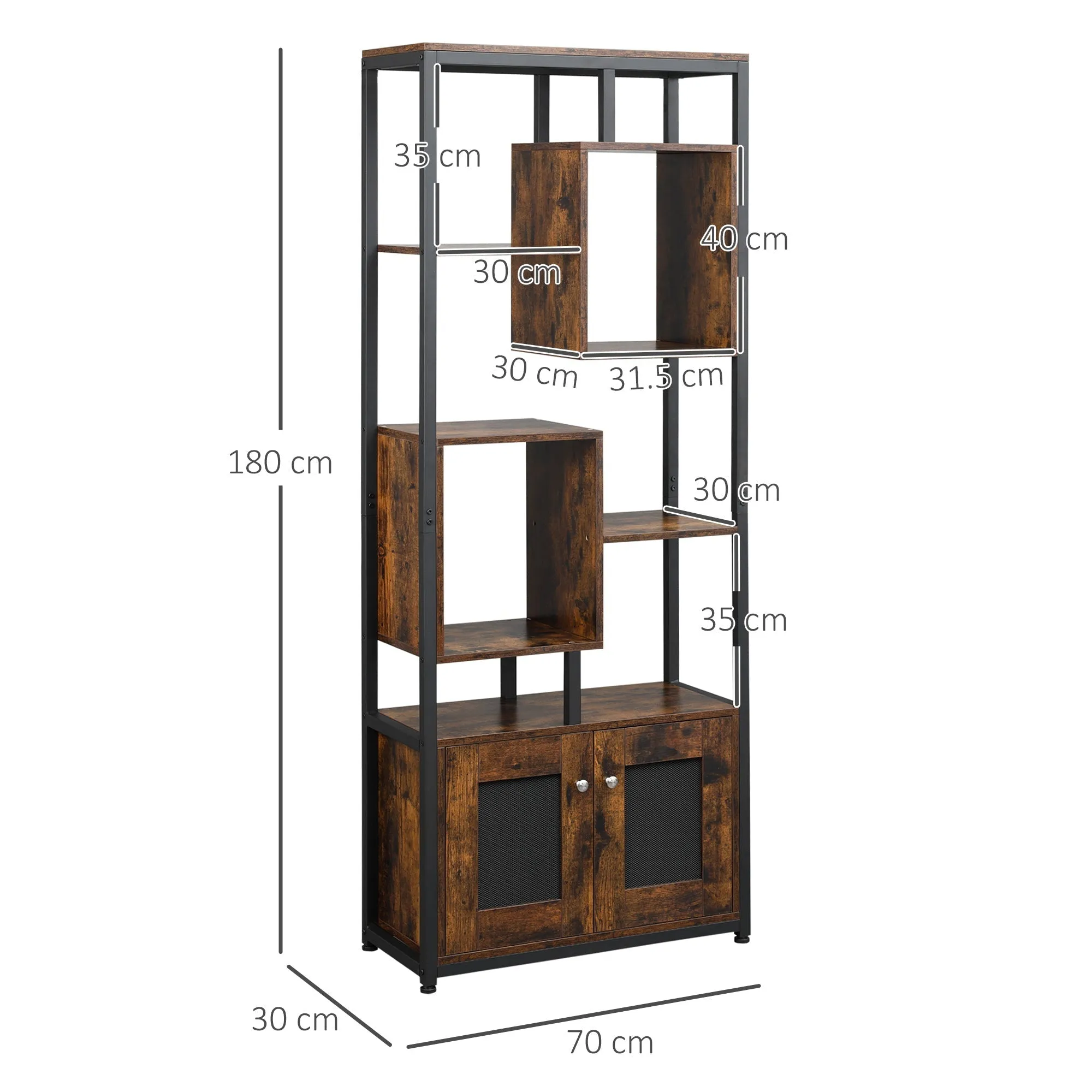 Mobile Industrial Style Library 8 shelves with 2 doors for 2 doors and office, 70x30x180cm, brown - Image 3