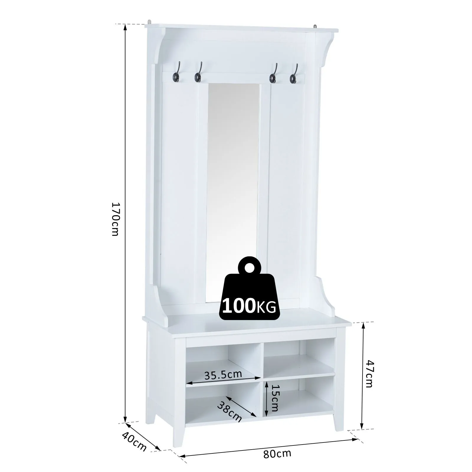 BELLINI | White Entrance Hall Wall Unit with Hangers and Shoe Rack | 80x40x170cm - Image 3