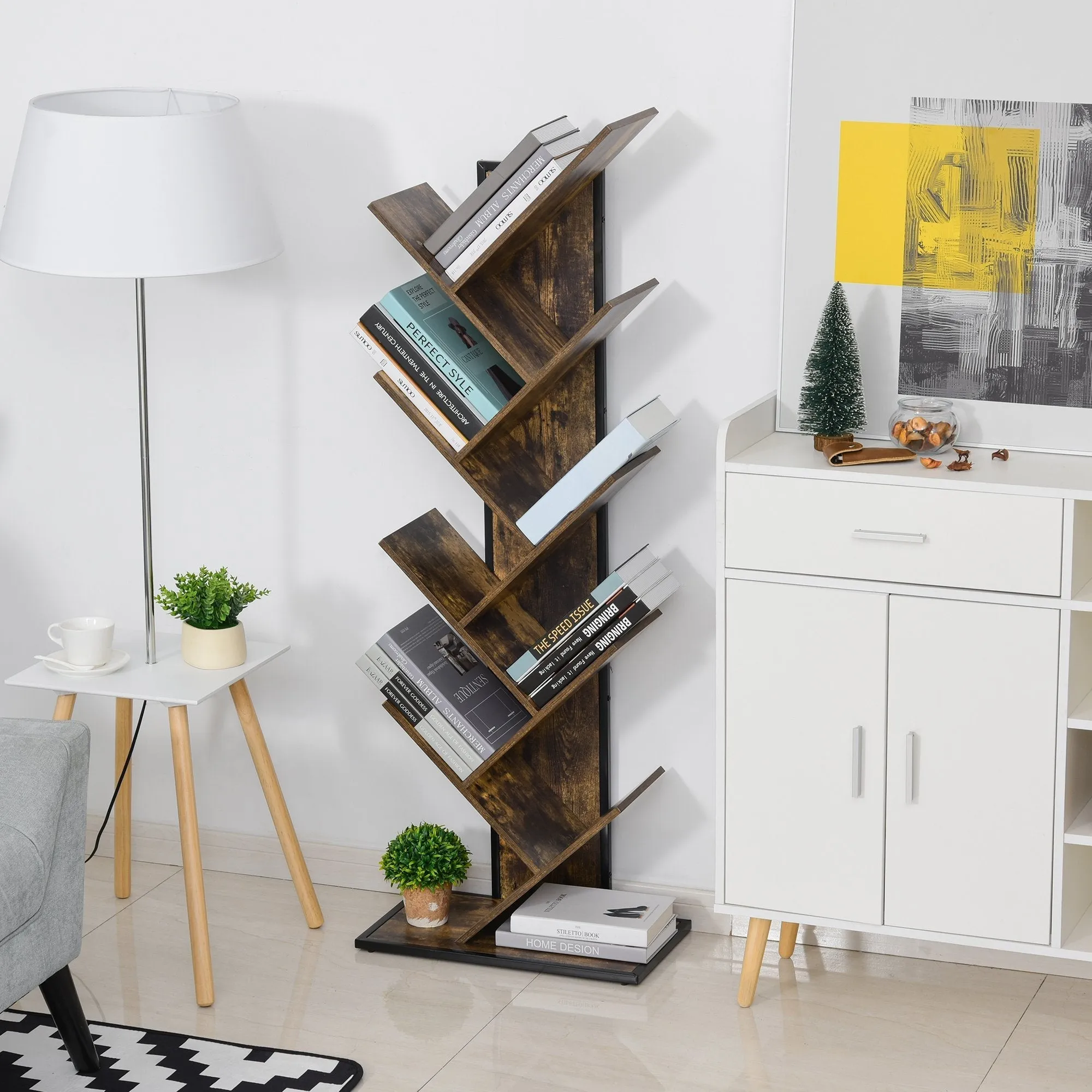 shelves Library Design Wooden Tree Tree Wooden Style With 10 Wooden Colored shelves - Image 2