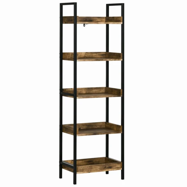 Industrial Style 5-Tier Wood and Metal Bookcase, 48x30x155cm, Rustic Brown