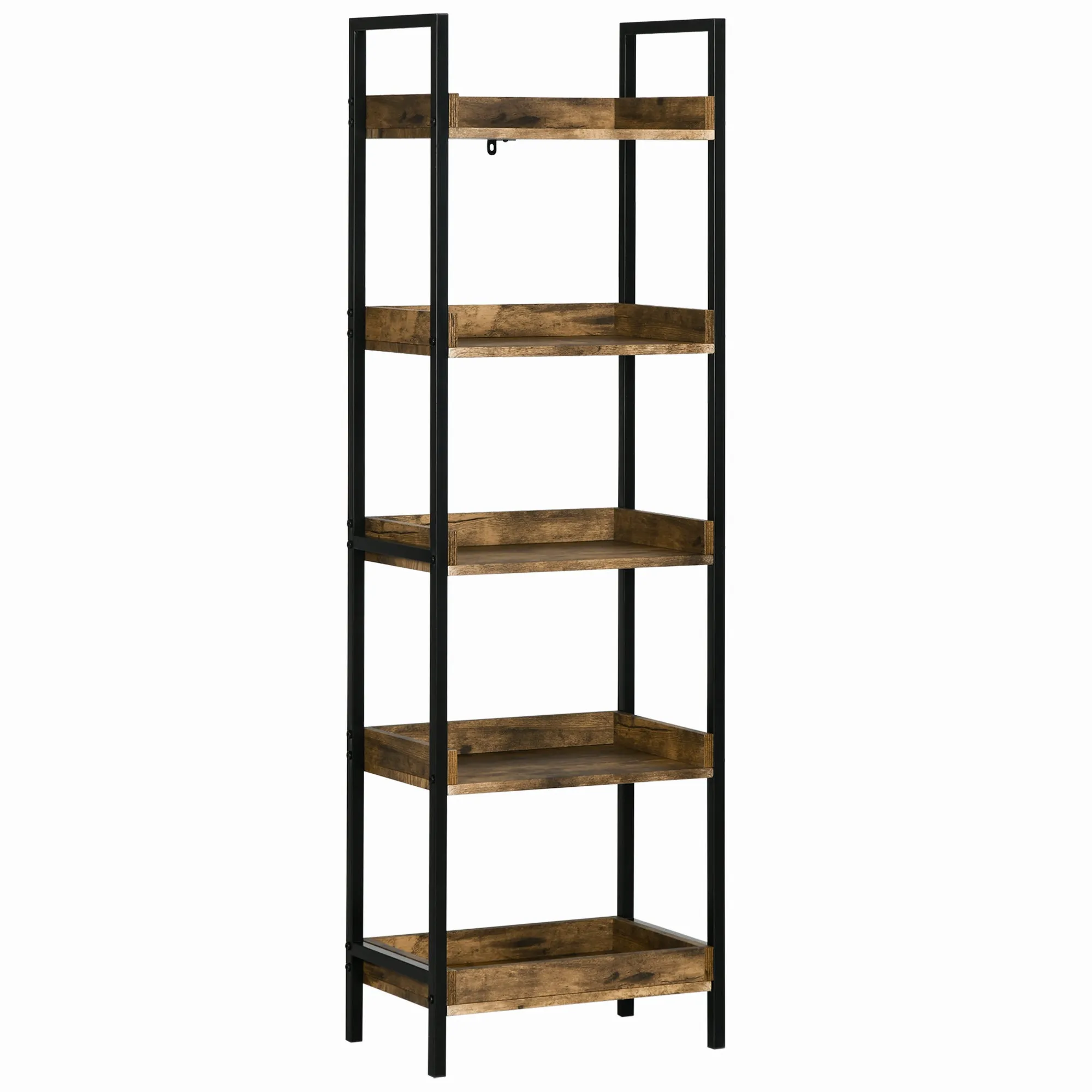 Industrial Style 5-Tier Wood and Metal Bookcase, 48x30x155cm, Rustic Brown