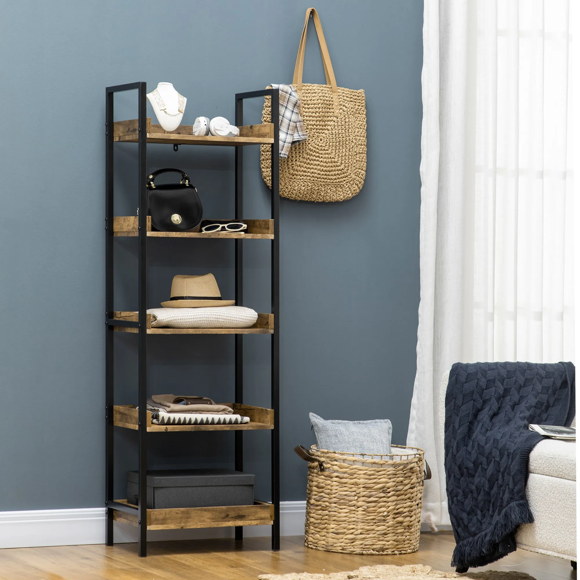 Industrial Style 5-Tier Wood and Metal Bookcase, 48x30x155cm, Rustic Brown - Image 2
