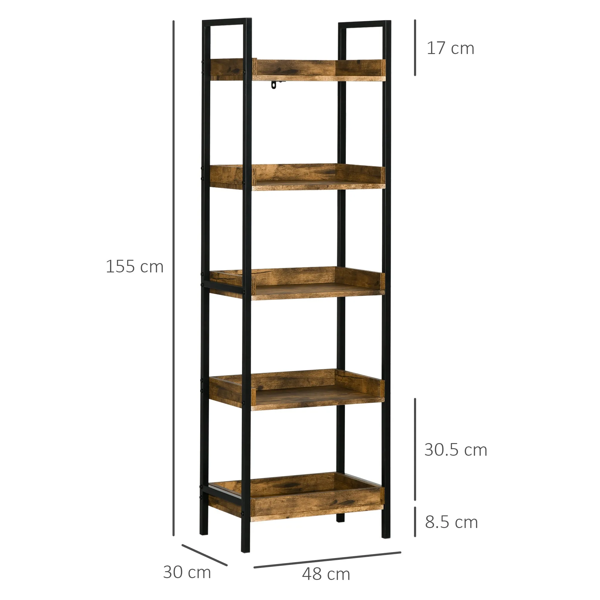 Industrial Style 5-Tier Wood and Metal Bookcase, 48x30x155cm, Rustic Brown - Image 3