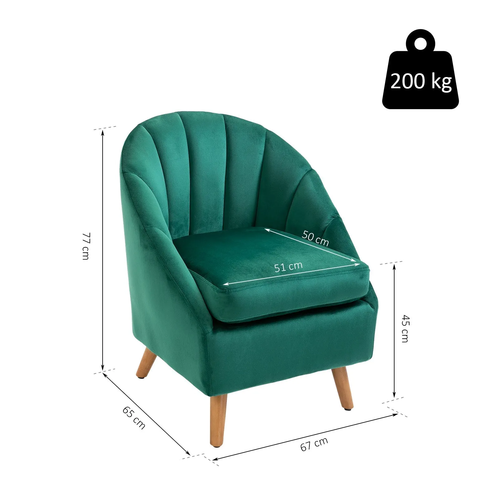 Green Velvet Bedroom Living Room Armchair with Thick Padding and Solid Wood Frame (67x65x77cm) - Image 3