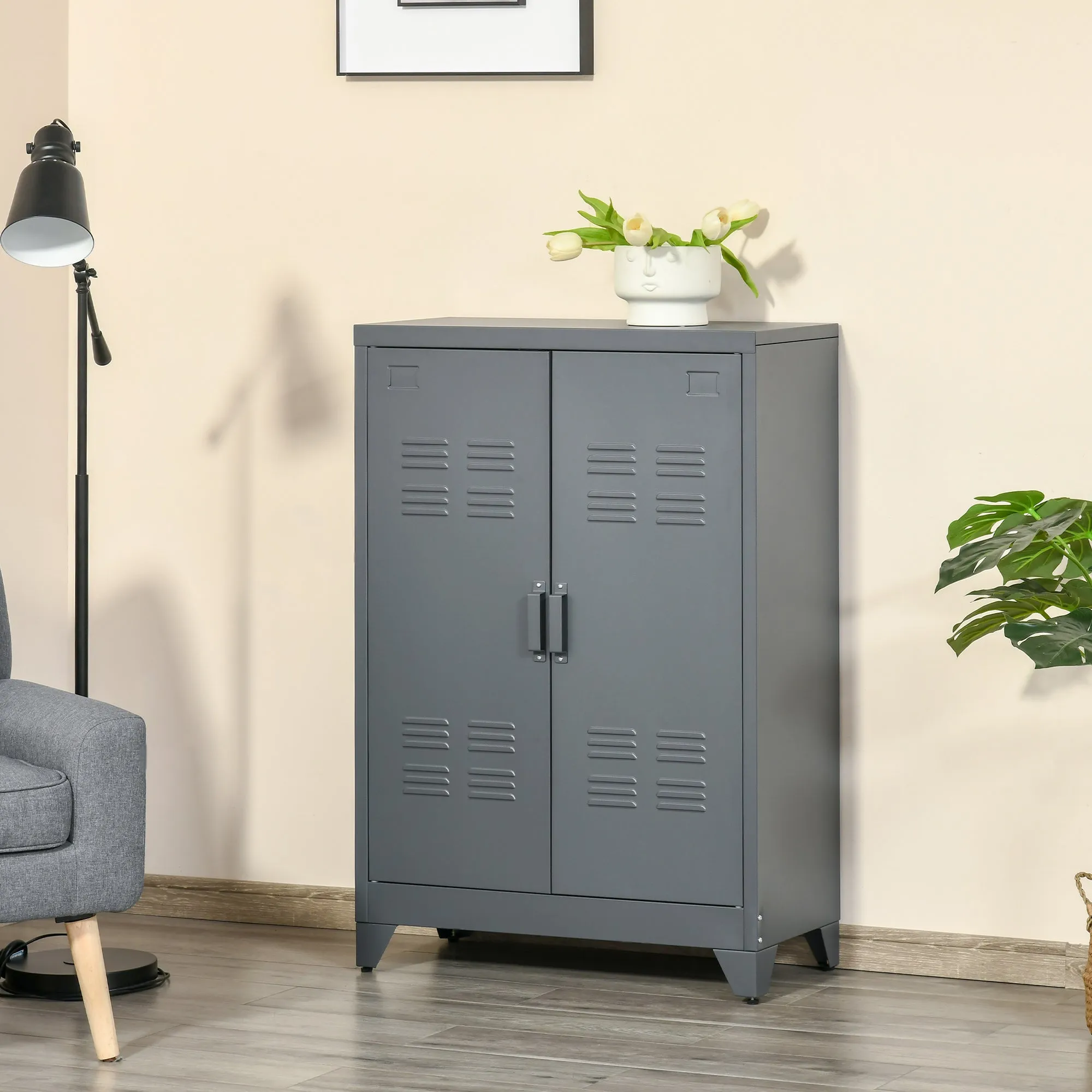 Multiuse cabinet 2 doors industrial style, metal locker for home and garage - Grey - Image 2
