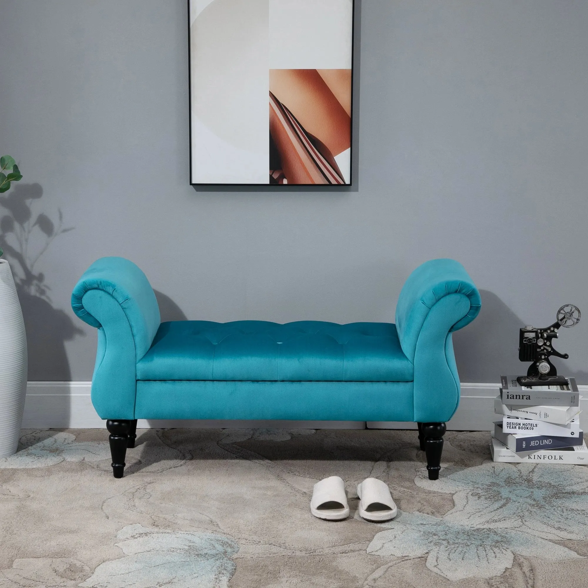 Vintage Style Bedside Bench, Wooden Frame and Chesterfield Style Padded Seat, Blue 117 x 40 x 58cm - Image 2