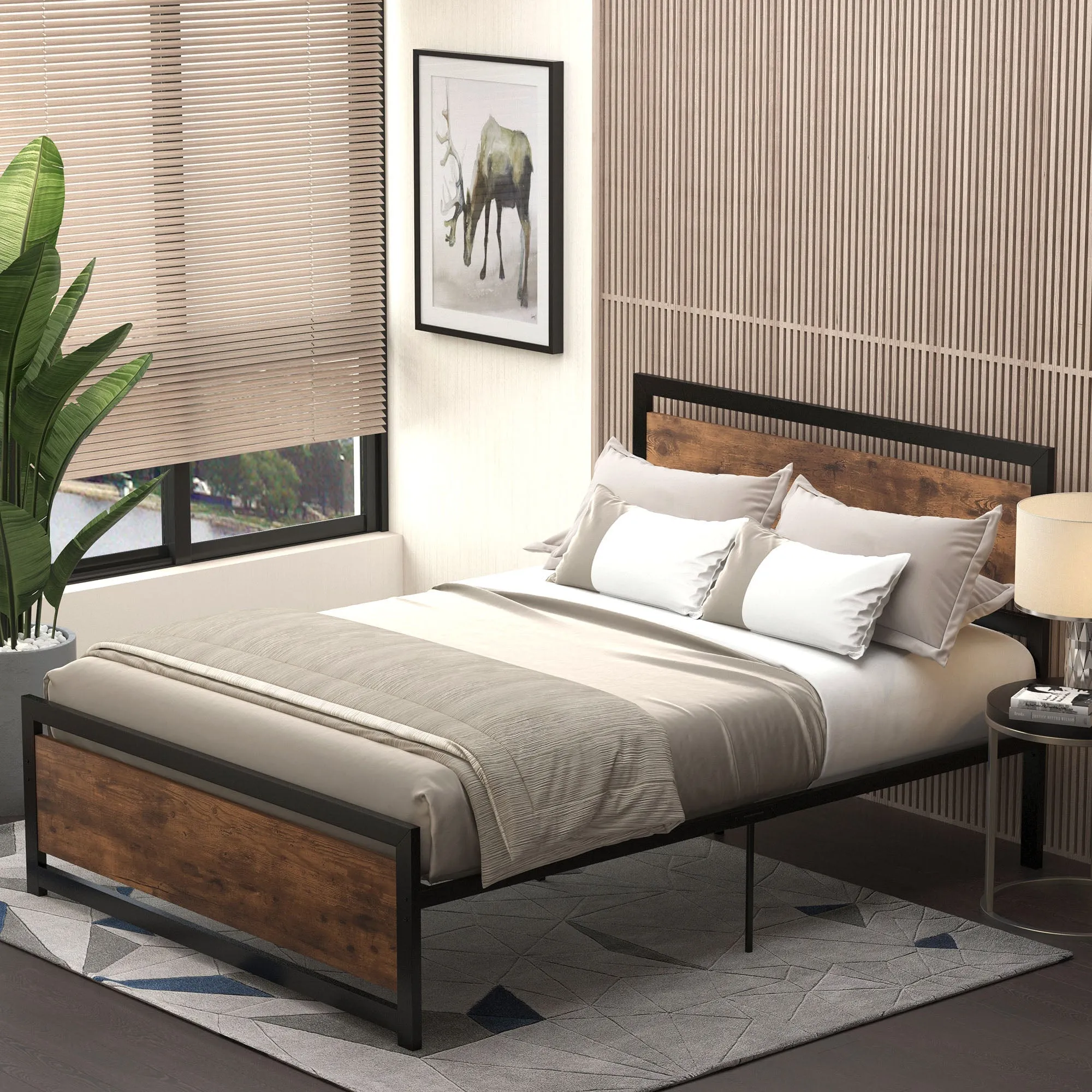 Queen Size Wooden and Steel Bed Frame with Industrial Style Slats, 140x200cm - Image 2