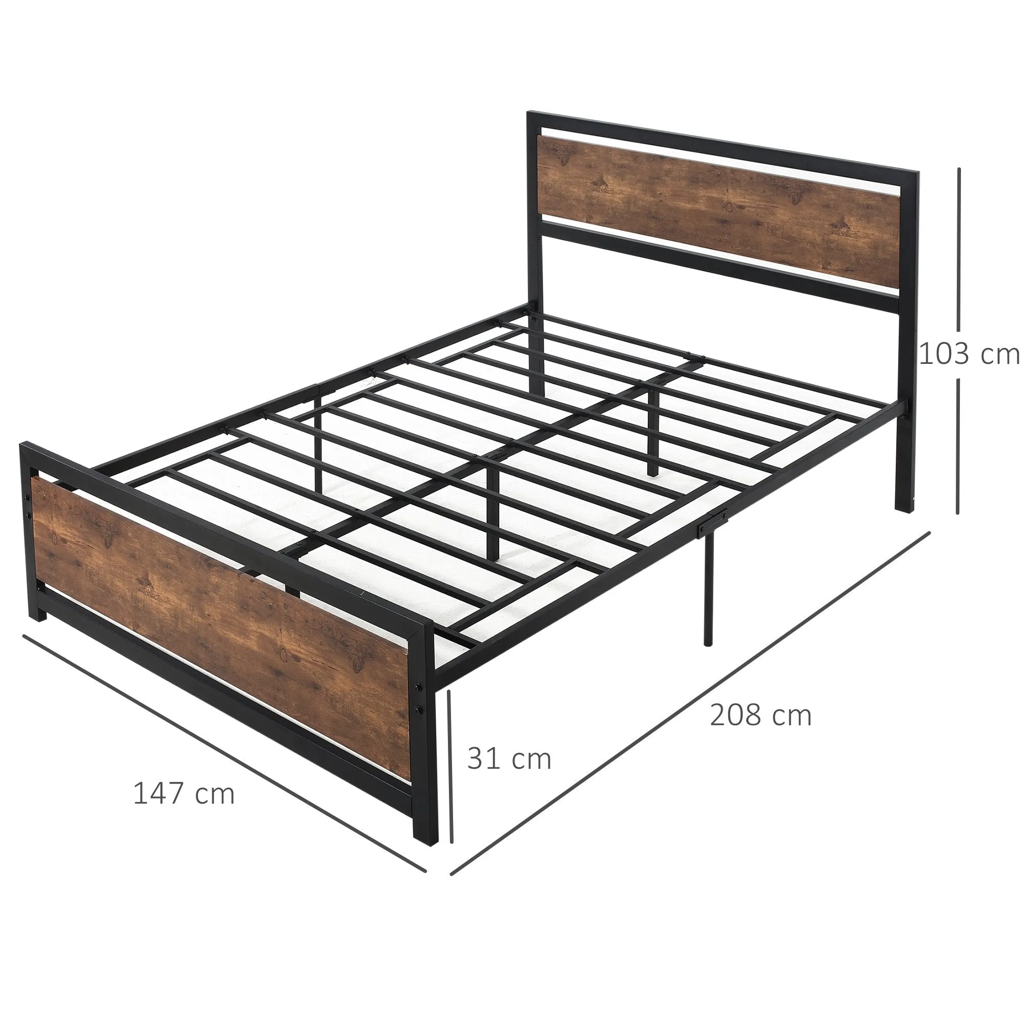 Queen Size Wooden and Steel Bed Frame with Industrial Style Slats, 140x200cm - Image 3