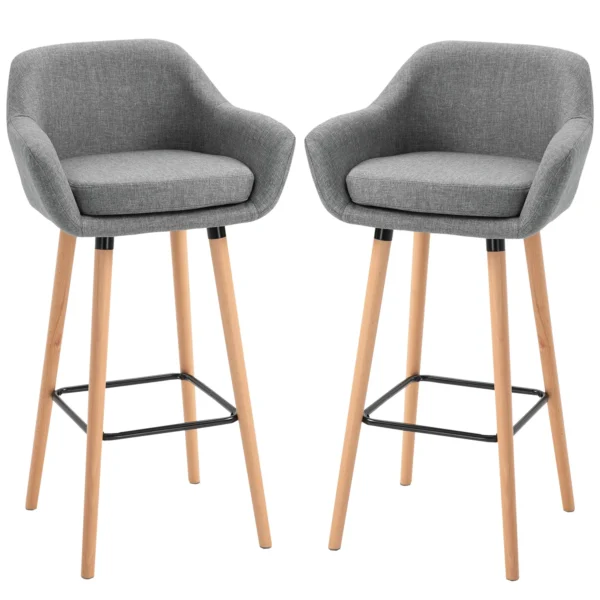 Set of 2 High Bar Stools with Backrest and Footrest, Vintage Style Fabric Kitchen Stools with Cushion and Wooden Legs for Dining Room 55x48x100cm