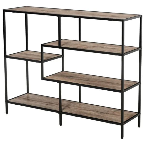 shelf asymmetrical bookcase in industrial style, in wood and black metal, 120x32x95cm