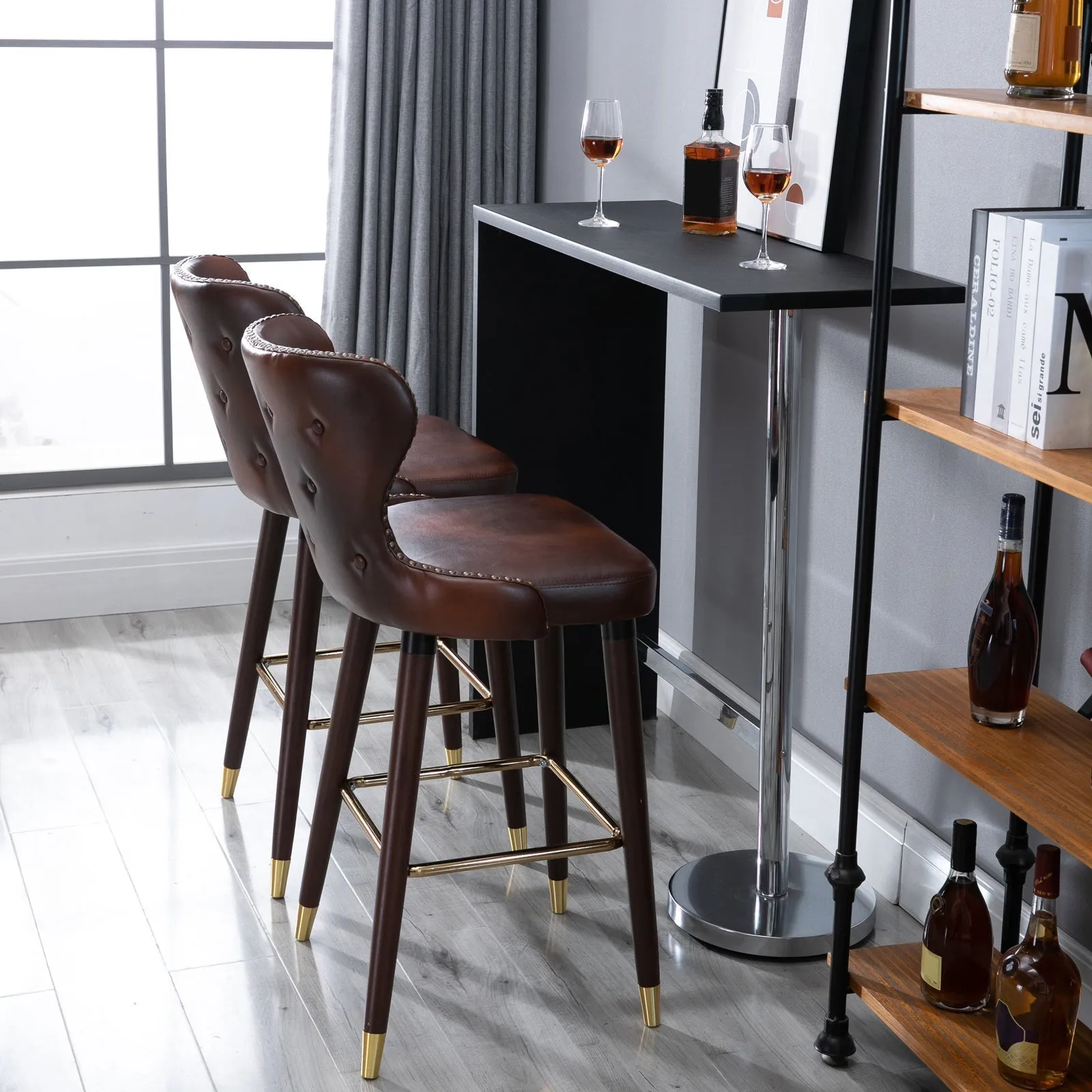 Set of 2 Industrial Style High Bar Stools with Backrest and Footrest, Faux Leather Seat and Wooden Legs, Vintage Stools for Kitchen and Restaurant, 52x53x101cm - Image 2