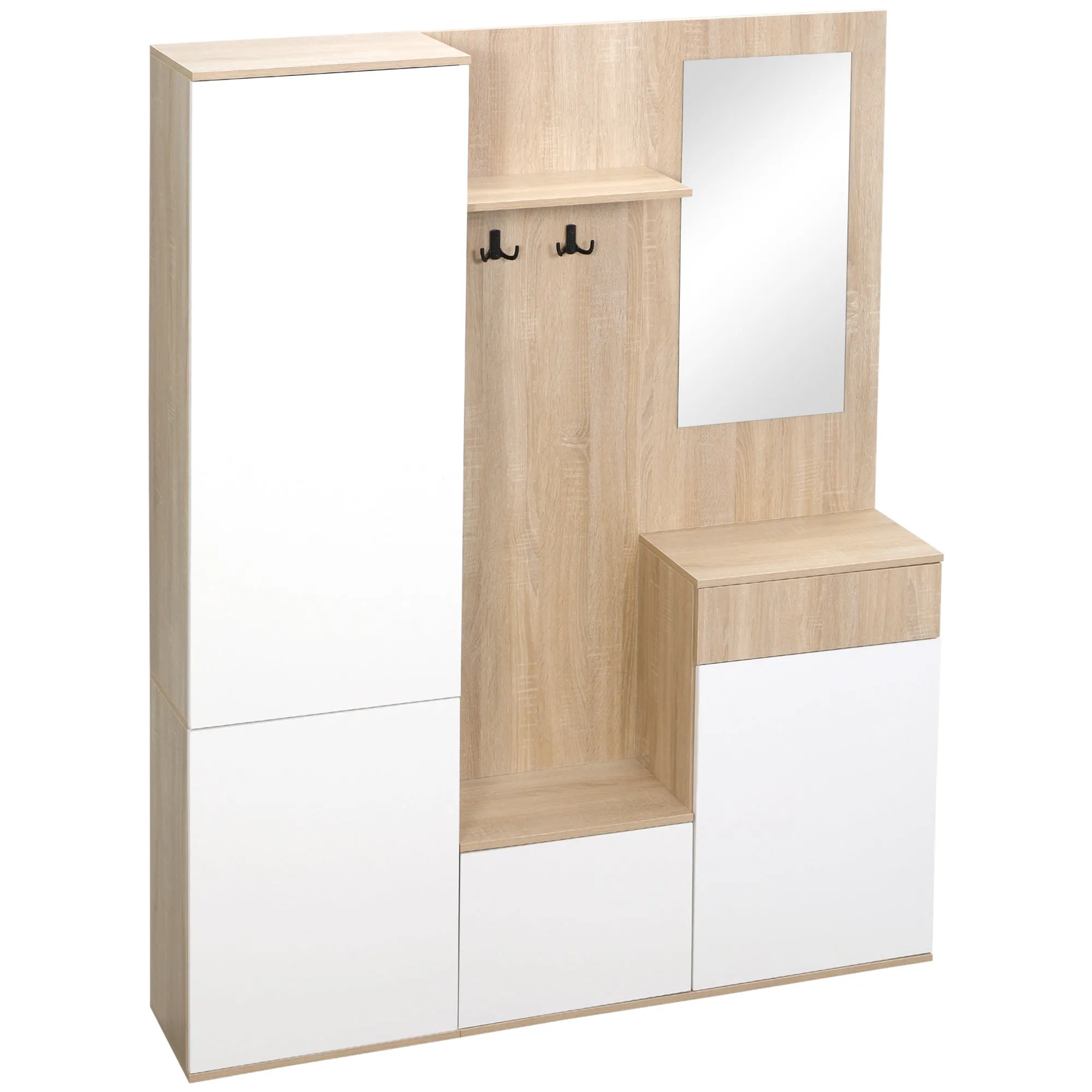 Hallway Cabinet 4 in 1 with Mirror, Hooks and Adjustable Internal Shelves, 145x29x184 cm