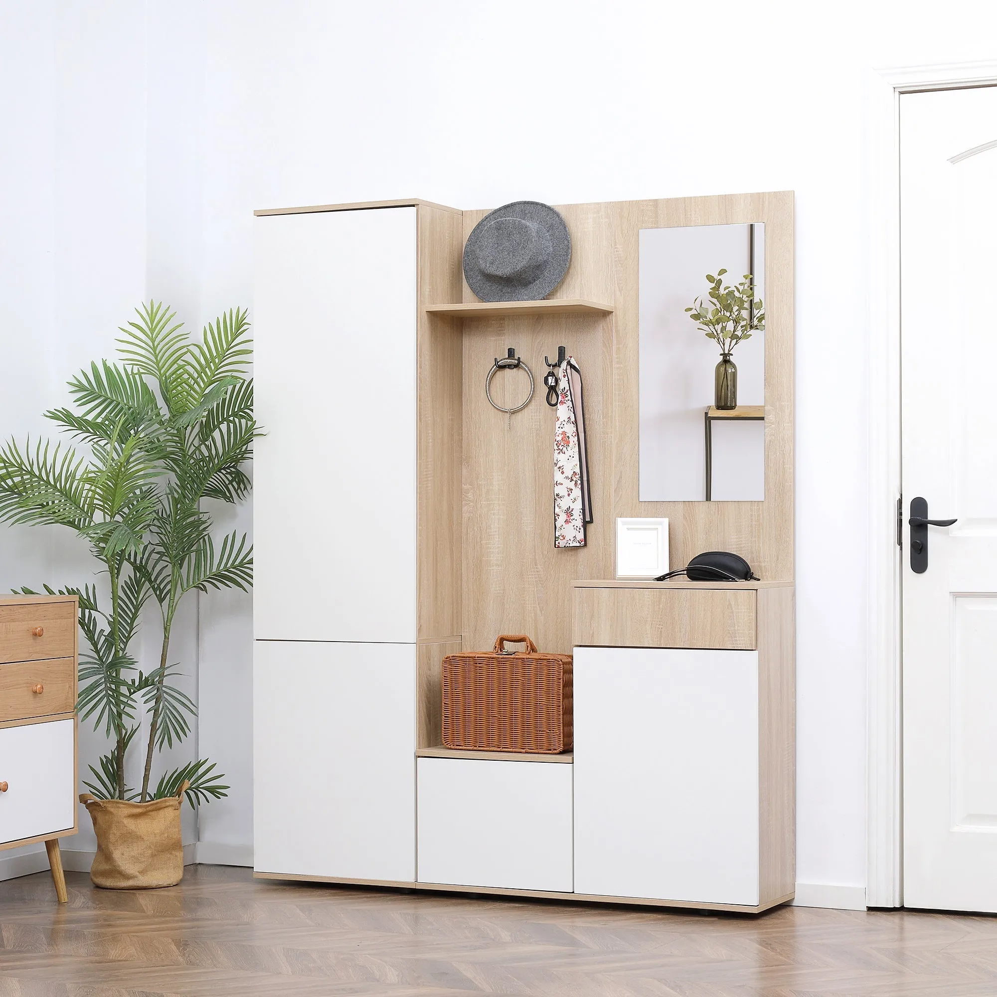Hallway Cabinet 4 in 1 with Mirror, Hooks and Adjustable Internal Shelves, 145x29x184 cm - Image 2