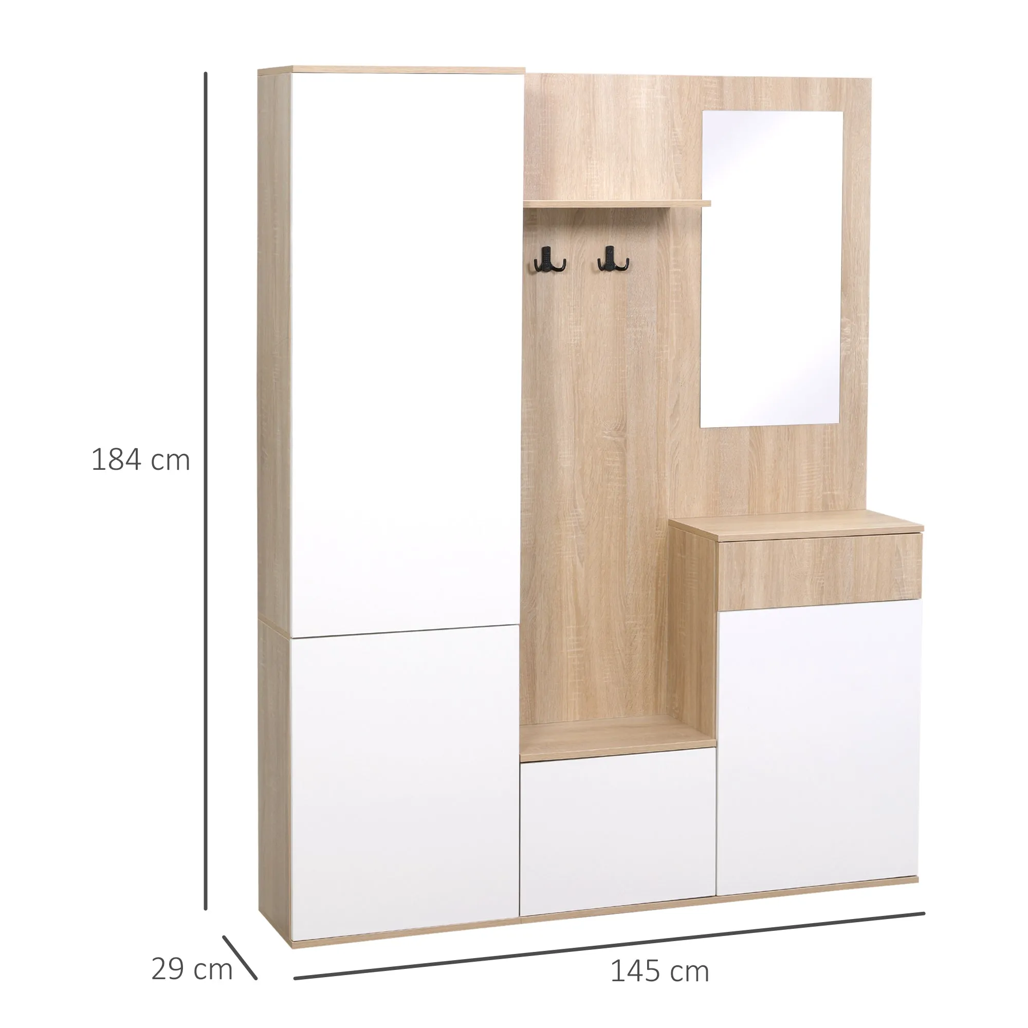 Hallway Cabinet 4 in 1 with Mirror, Hooks and Adjustable Internal Shelves, 145x29x184 cm - Image 3