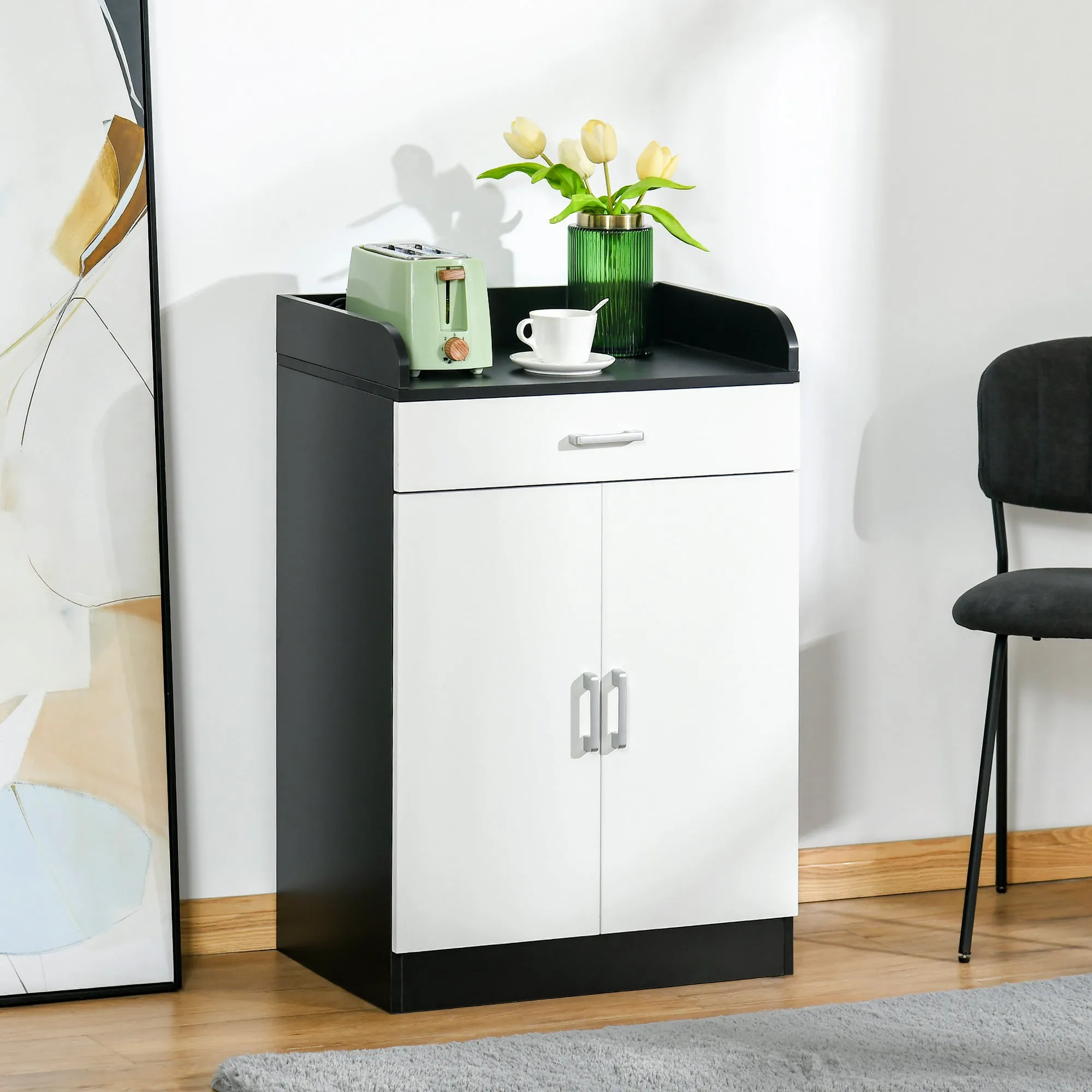 cabinet with drawer and adjustable shelf for kitchen, living room and antechamber, in MDF, 60x40x90cm, black and white - Image 2