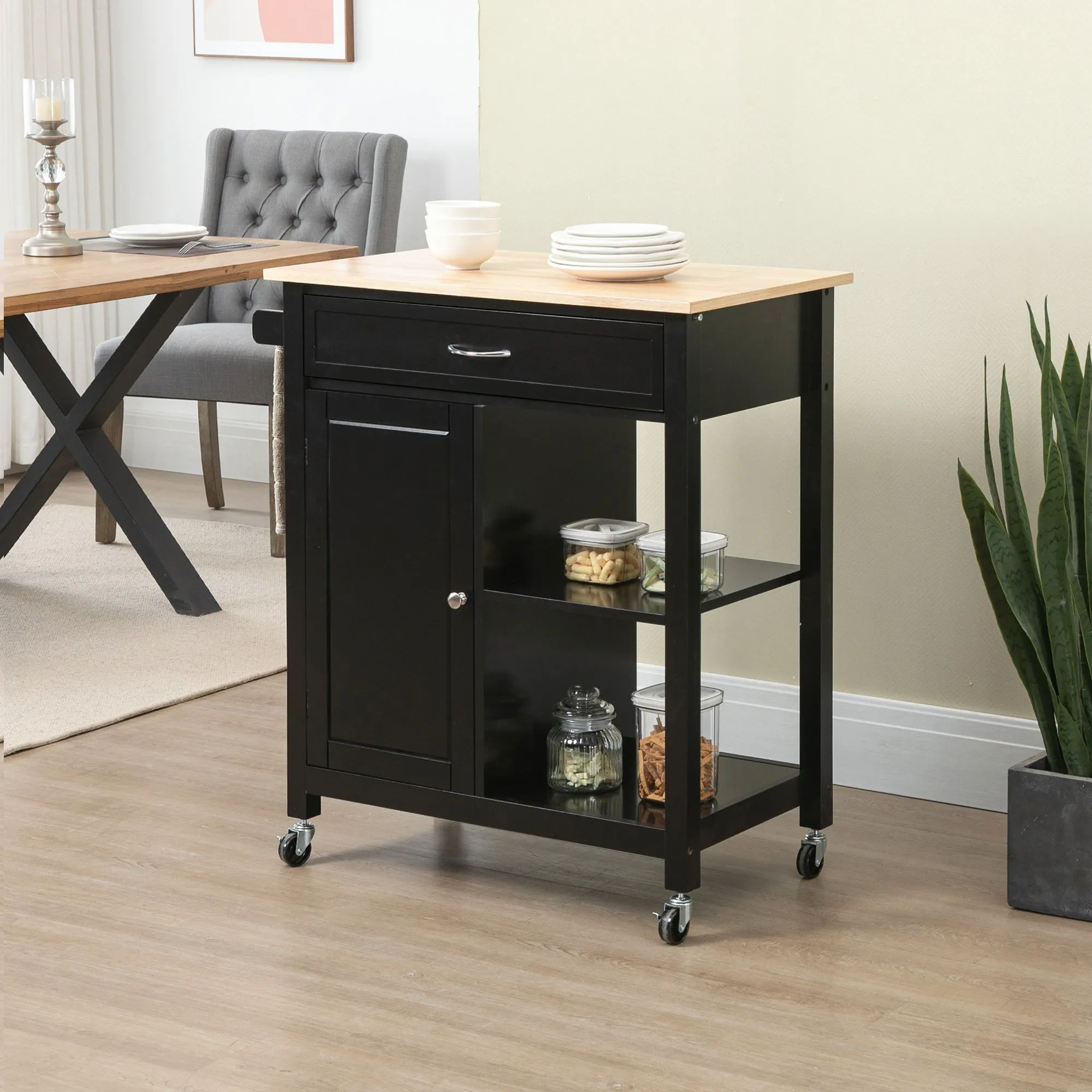 Wooden Kitchen Cart with Drawer, Cabinet and Wheels, 83x45x88cm, Black - Image 2