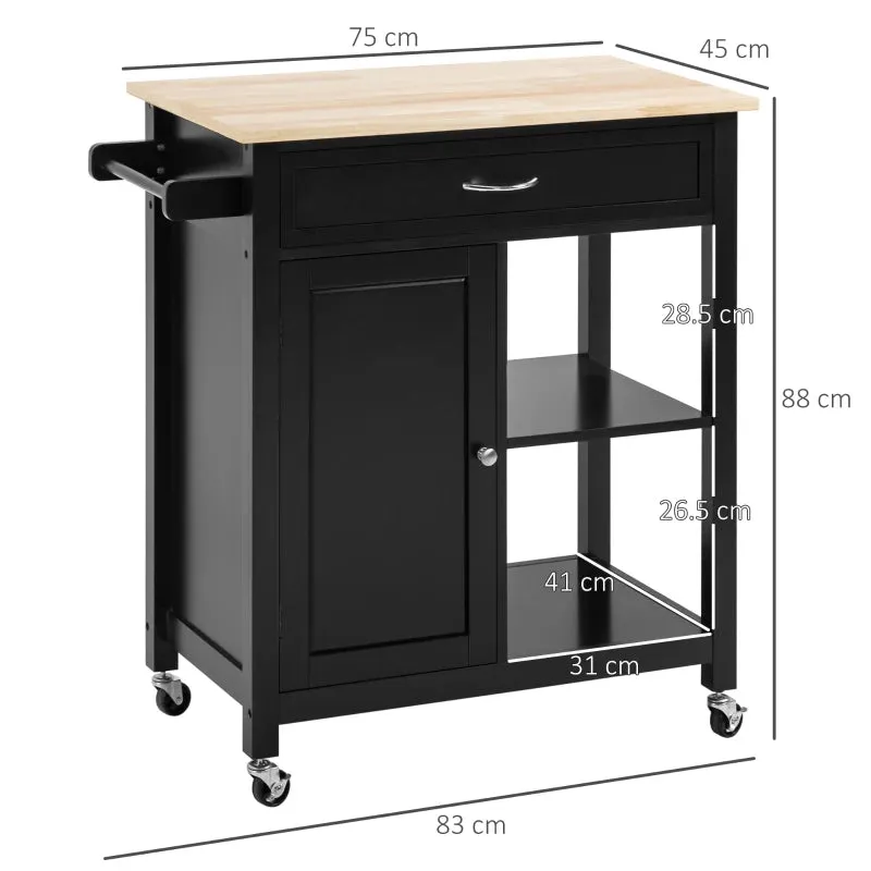 Wooden Kitchen Cart with Drawer, Cabinet and Wheels, 83x45x88cm, Black - Image 3