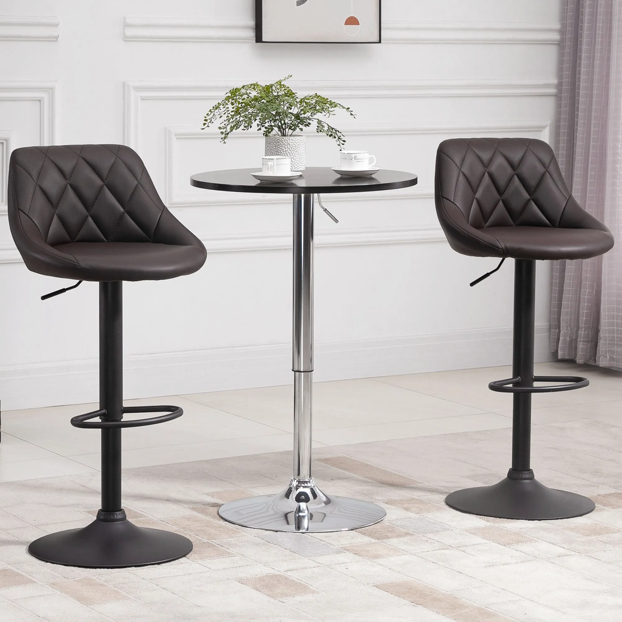 Set of 2 Bar Stools, Adjustable Height with Metal Base and Faux Leather Seat, Modern Stools with Backrest and Footrest, 46x48x83-104 cm, Brown and Black - Image 2