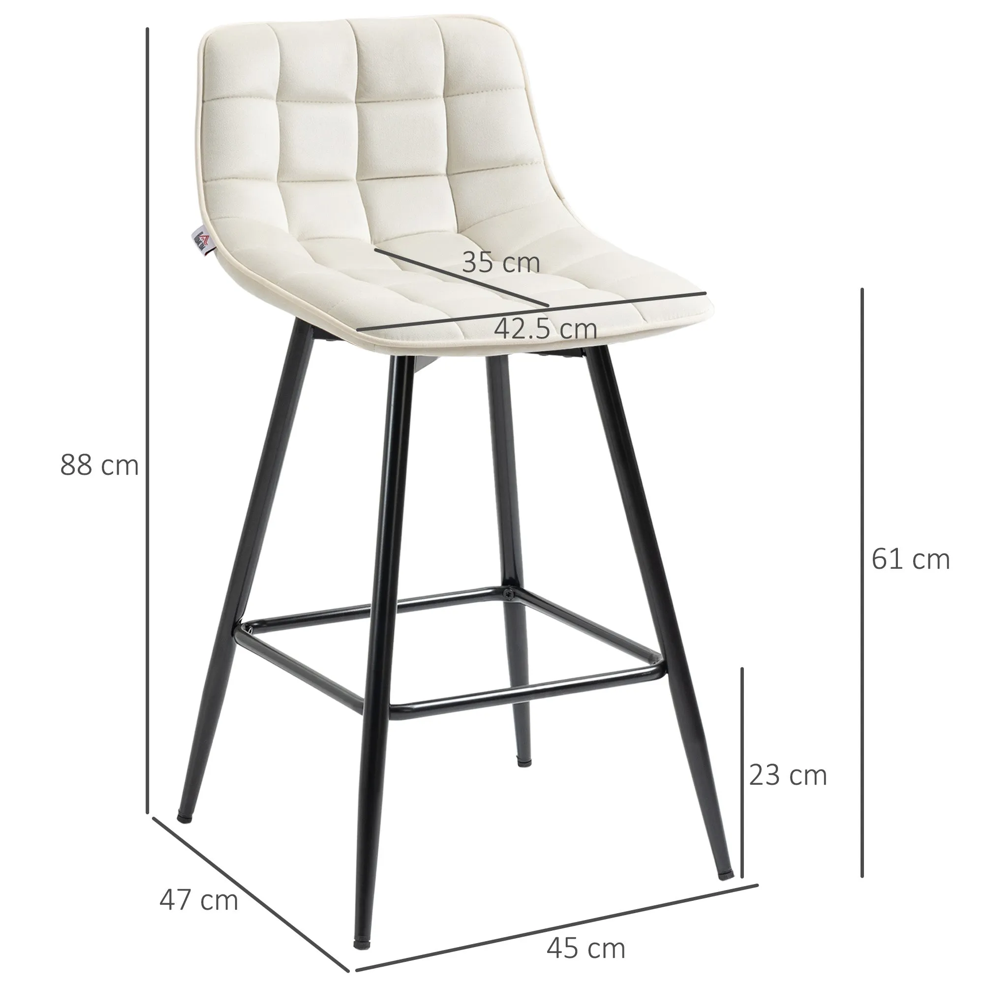 Set of 2 Nordic Style Bar Stools with Backrest and Footrest in Metal and Velvet, Cream, 45x47x84 cm - Image 3