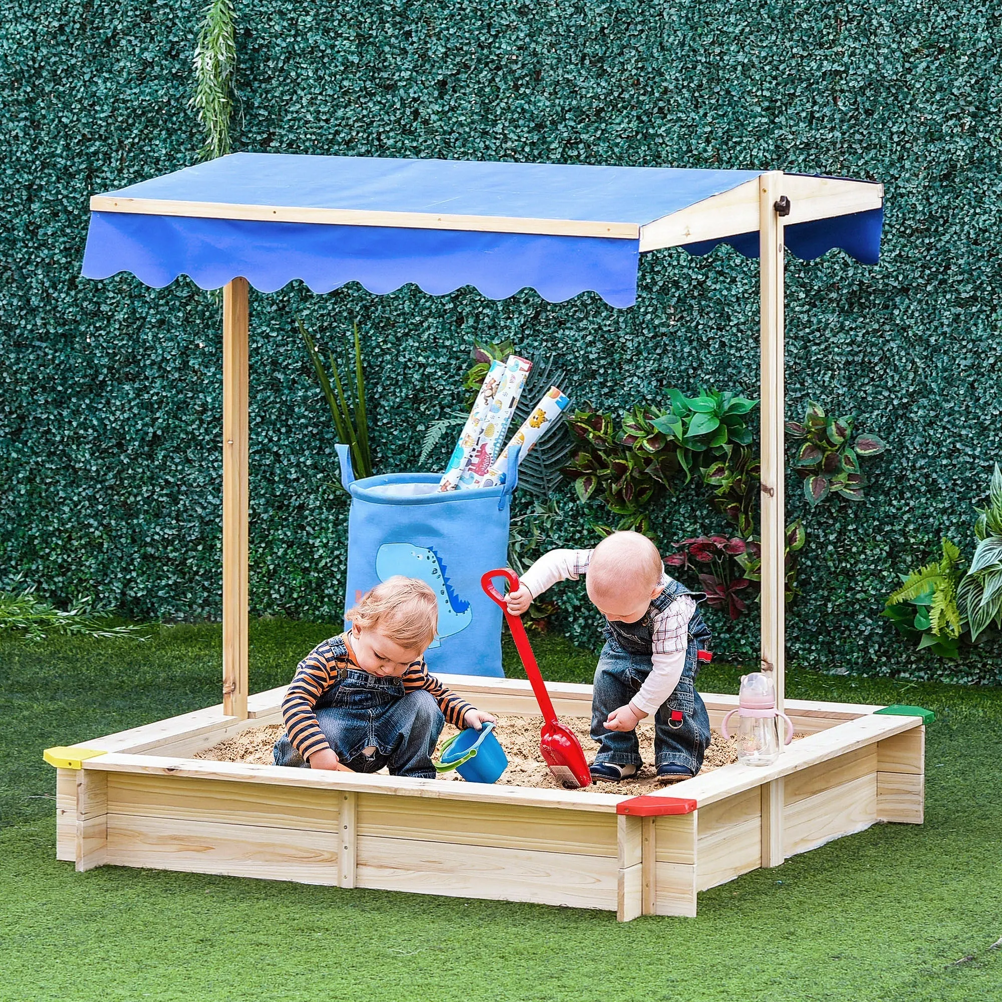 Wooden Children's Sandpit with Bench and Adjustable Sunshade Canopy, 120x120x120cm, Wood and Blue Color - Image 2