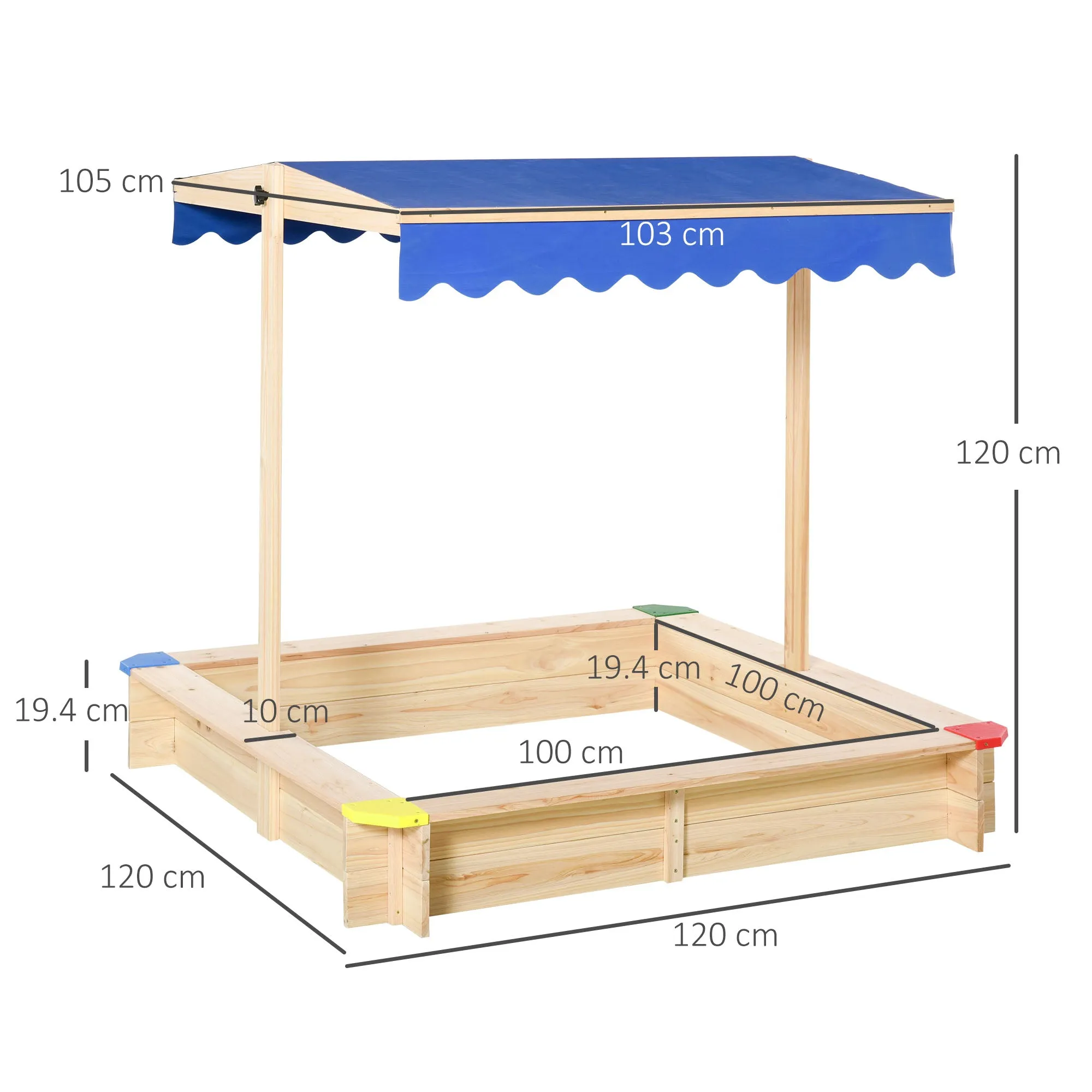 Wooden Children's Sandpit with Bench and Adjustable Sunshade Canopy, 120x120x120cm, Wood and Blue Color - Image 3