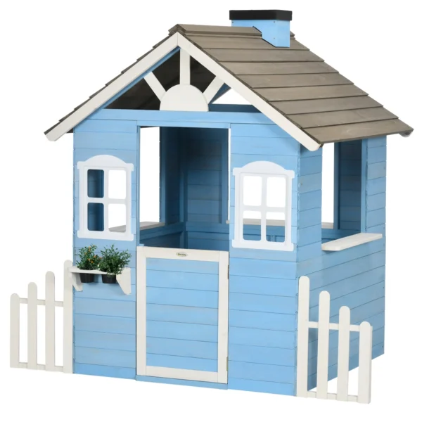 Children's House 3-7 Years with Fence, Plant Stand, Door and Windows, in Fir Wood, 151x112.5x142 cm, Blue
