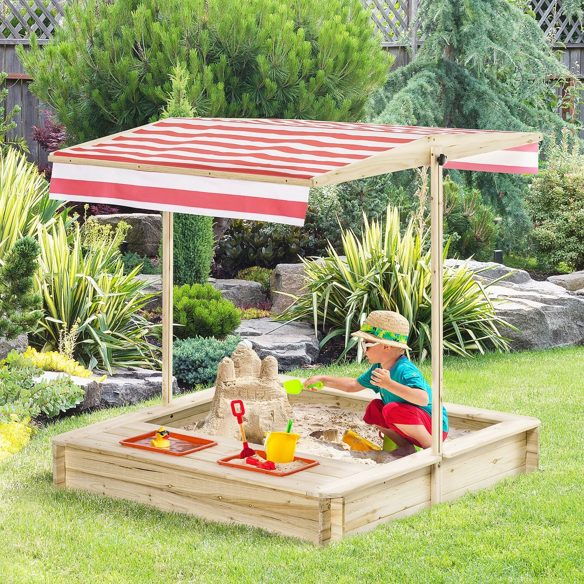 Sandpit for Children 3-8 Years with Adjustable Roof, in Fir Wood and Polyester, 118x118x118 cm - Image 2