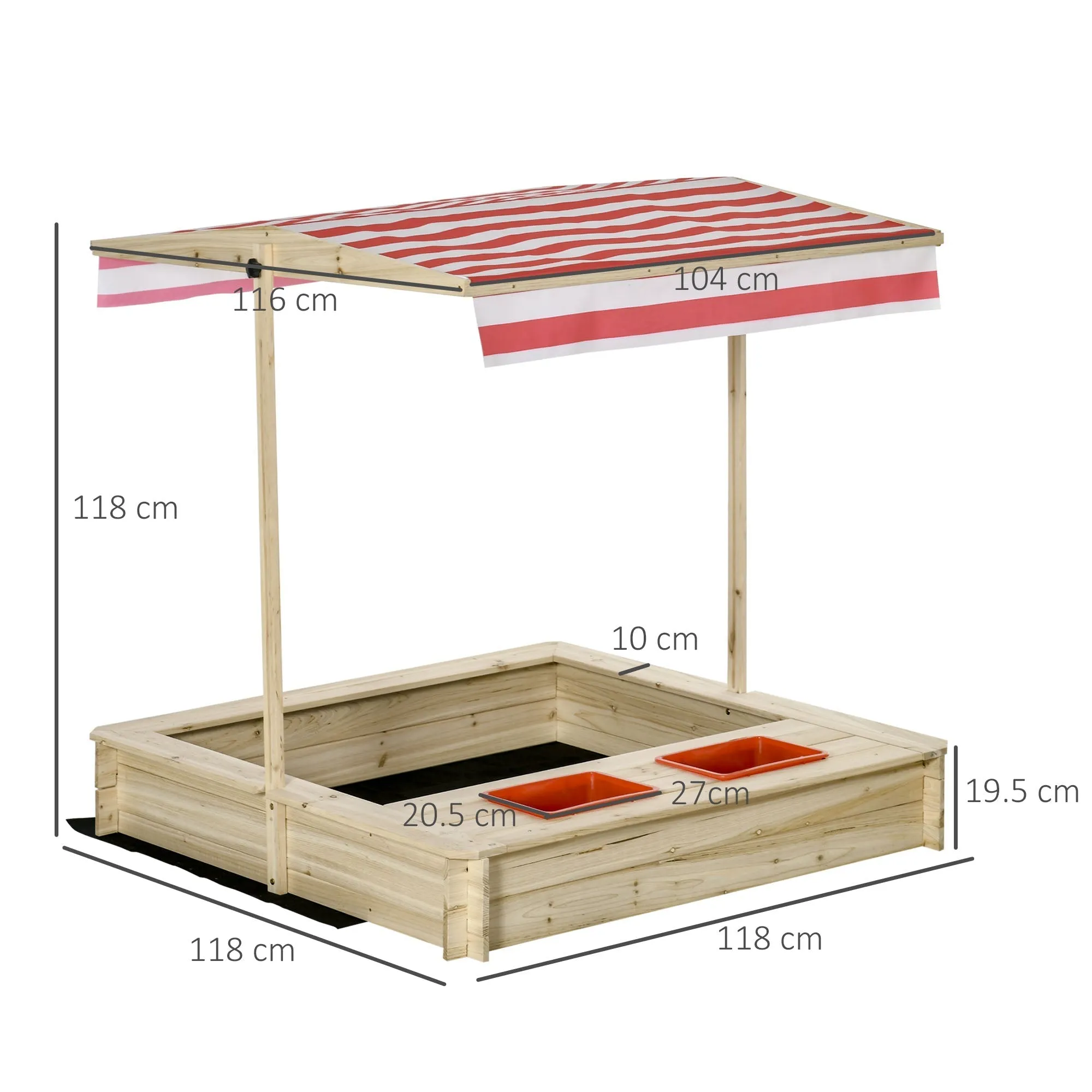 Sandpit for Children 3-8 Years with Adjustable Roof, in Fir Wood and Polyester, 118x118x118 cm - Image 3