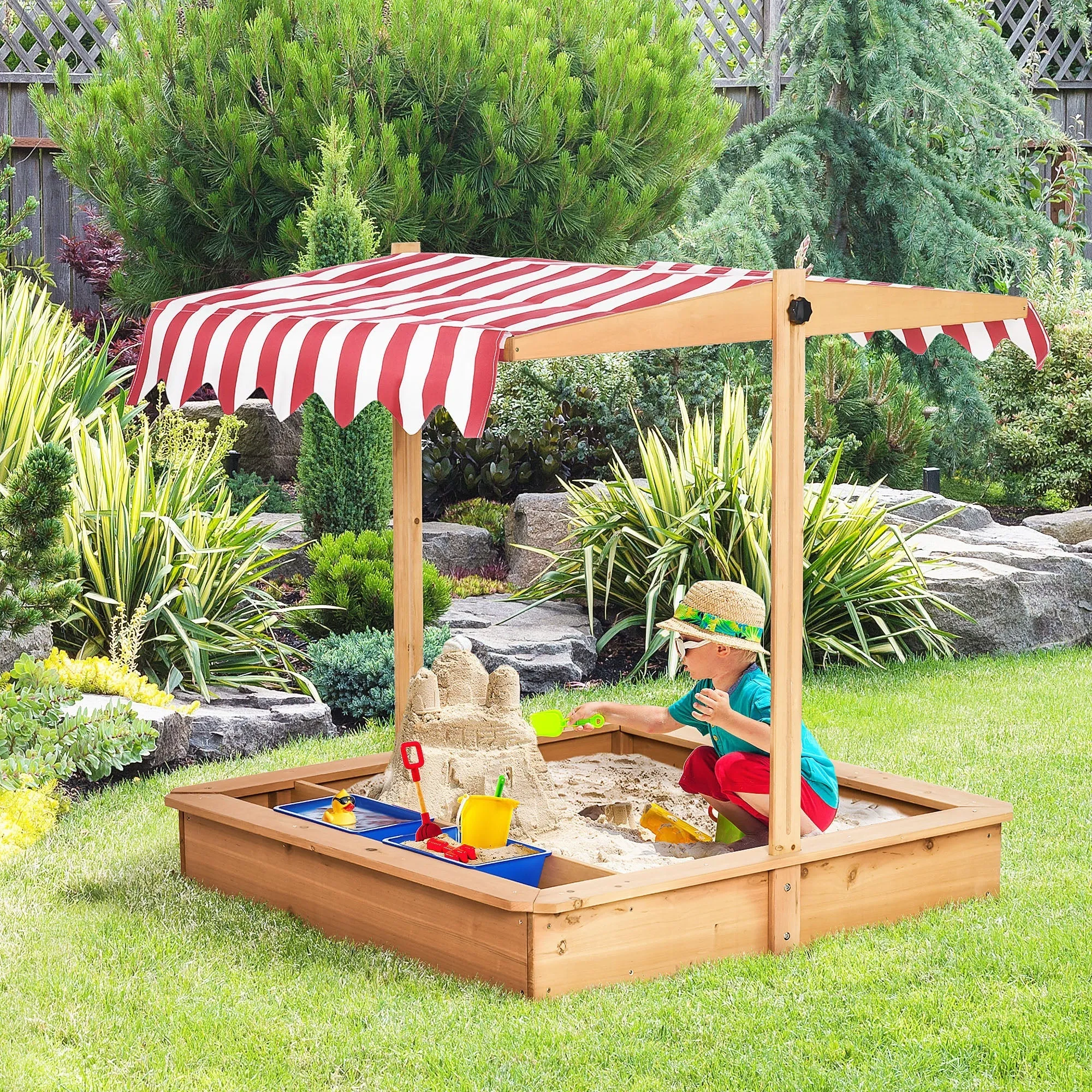 Wooden Children's Sandpit with Adjustable Roof, Seats and Tubs, 107.5x107.5x100 cm - Image 2