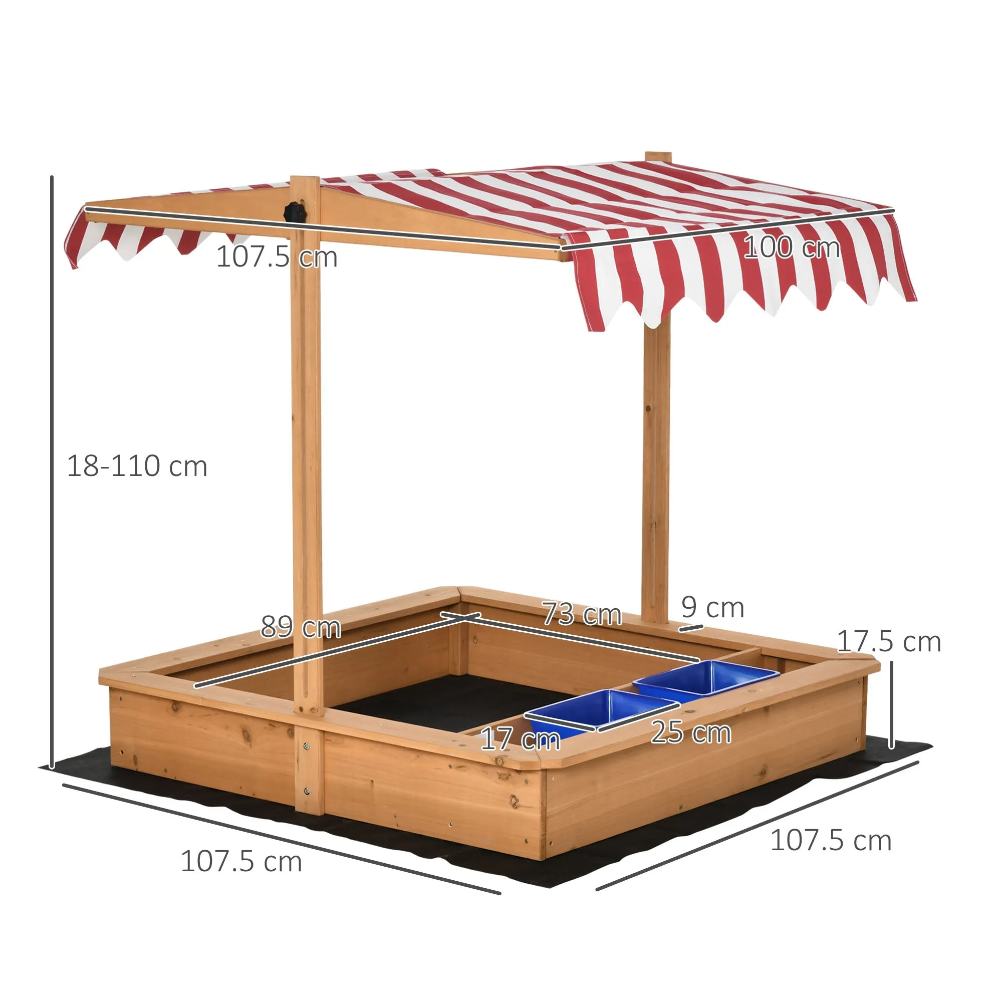 Wooden Children's Sandpit with Adjustable Roof, Seats and Tubs, 107.5x107.5x100 cm - Image 3