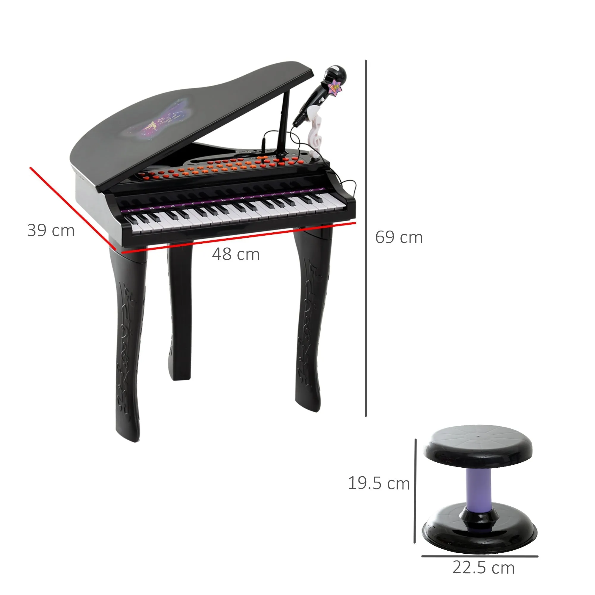 Electric Piano Toy Musical Instrument for Children with 37 Keys Microphone and Stool 48x39x69cm Black - Image 3