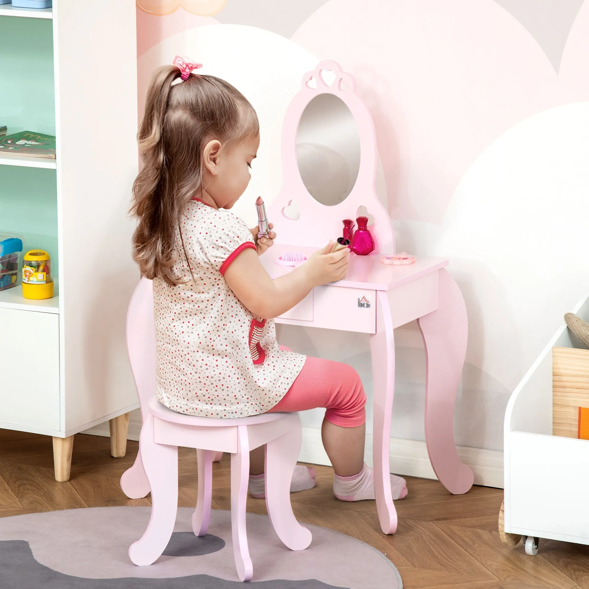 Children's Dressing Table with Wooden Stool, Dressing Table with Mirror and Drawer, 60x36x88cm, Pink - Image 2