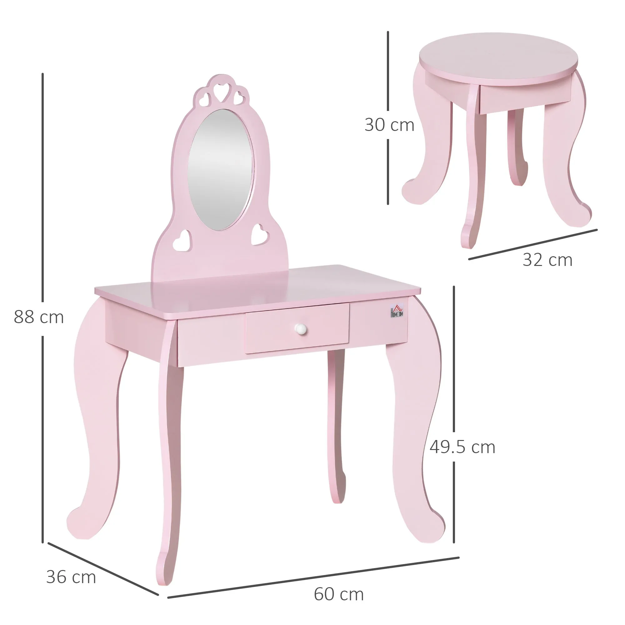 Children's Dressing Table with Wooden Stool, Dressing Table with Mirror and Drawer, 60x36x88cm, Pink - Image 3