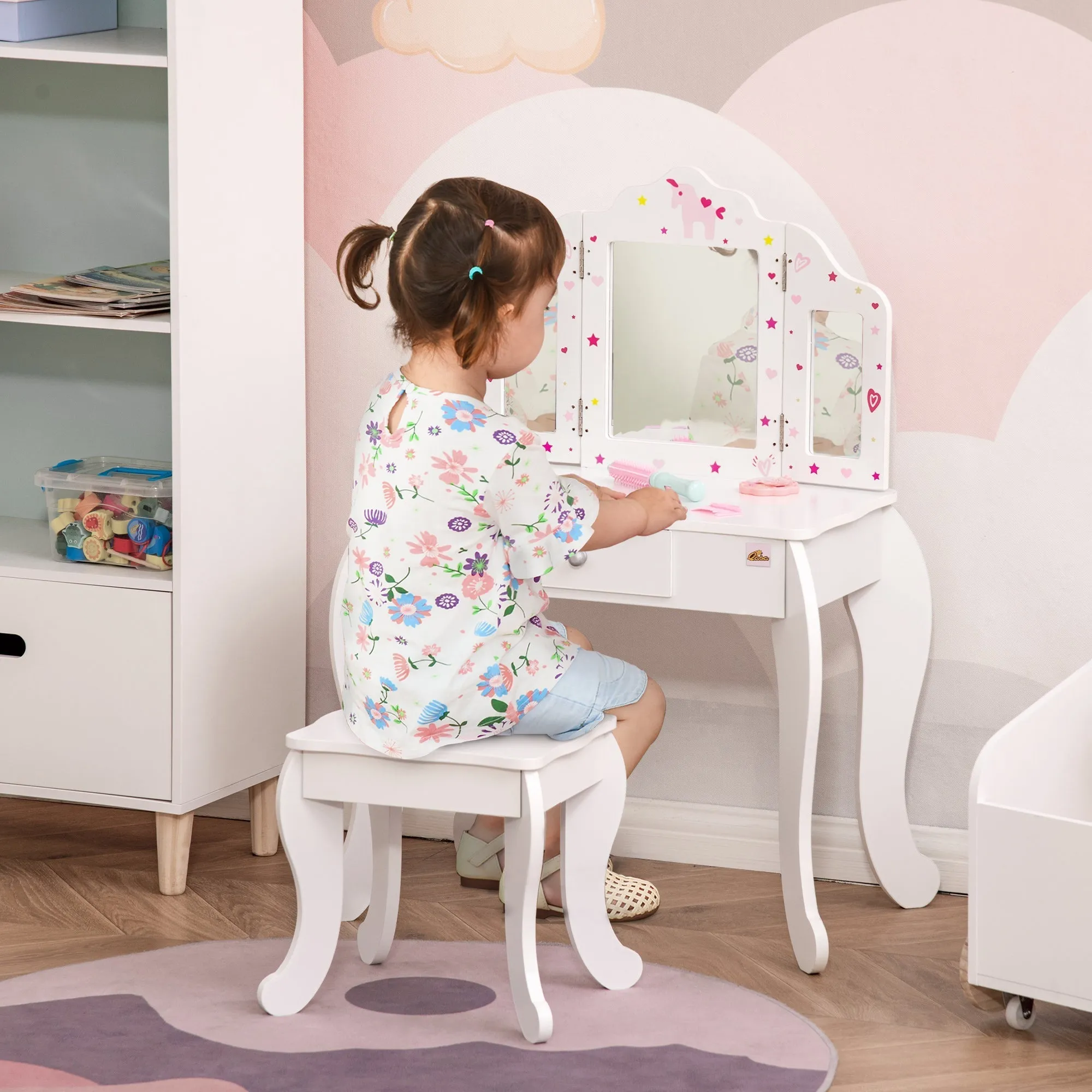 Children's Dressing Table with Stool, Makeup Table with Triple Mirror and Drawer, 63x40x85.5cm, White - Image 2