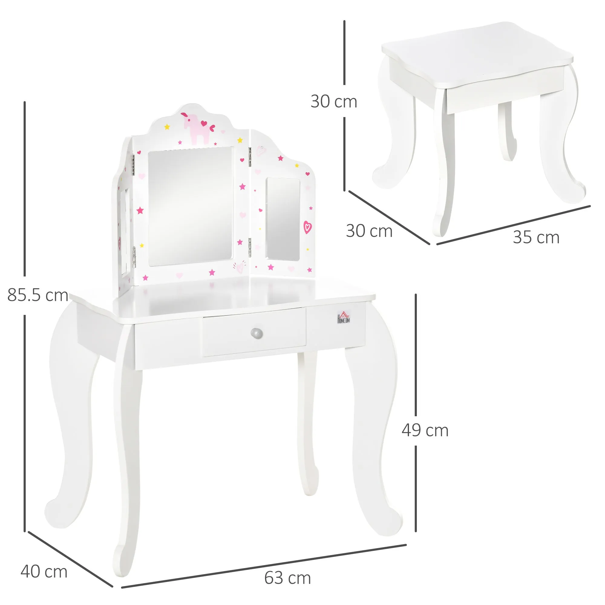 Children's Dressing Table with Stool, Makeup Table with Triple Mirror and Drawer, 63x40x85.5cm, White - Image 3