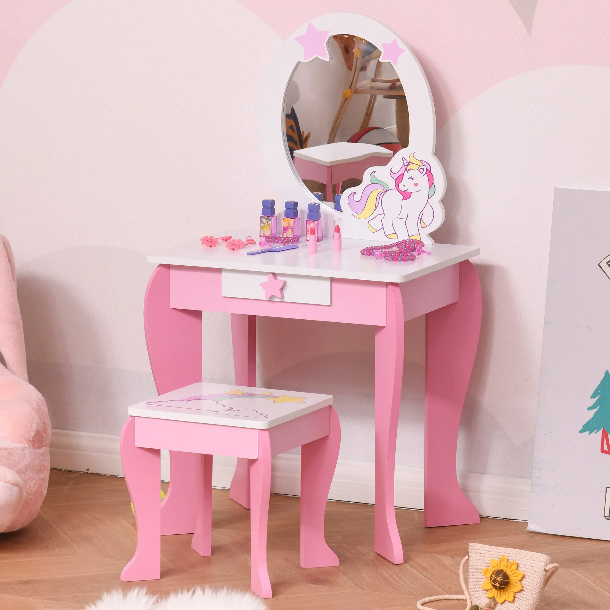 Dressing Table Mirror with Drawer and Wooden Stool, Games for Girls 3-6 Years Old Pink and White - Image 2
