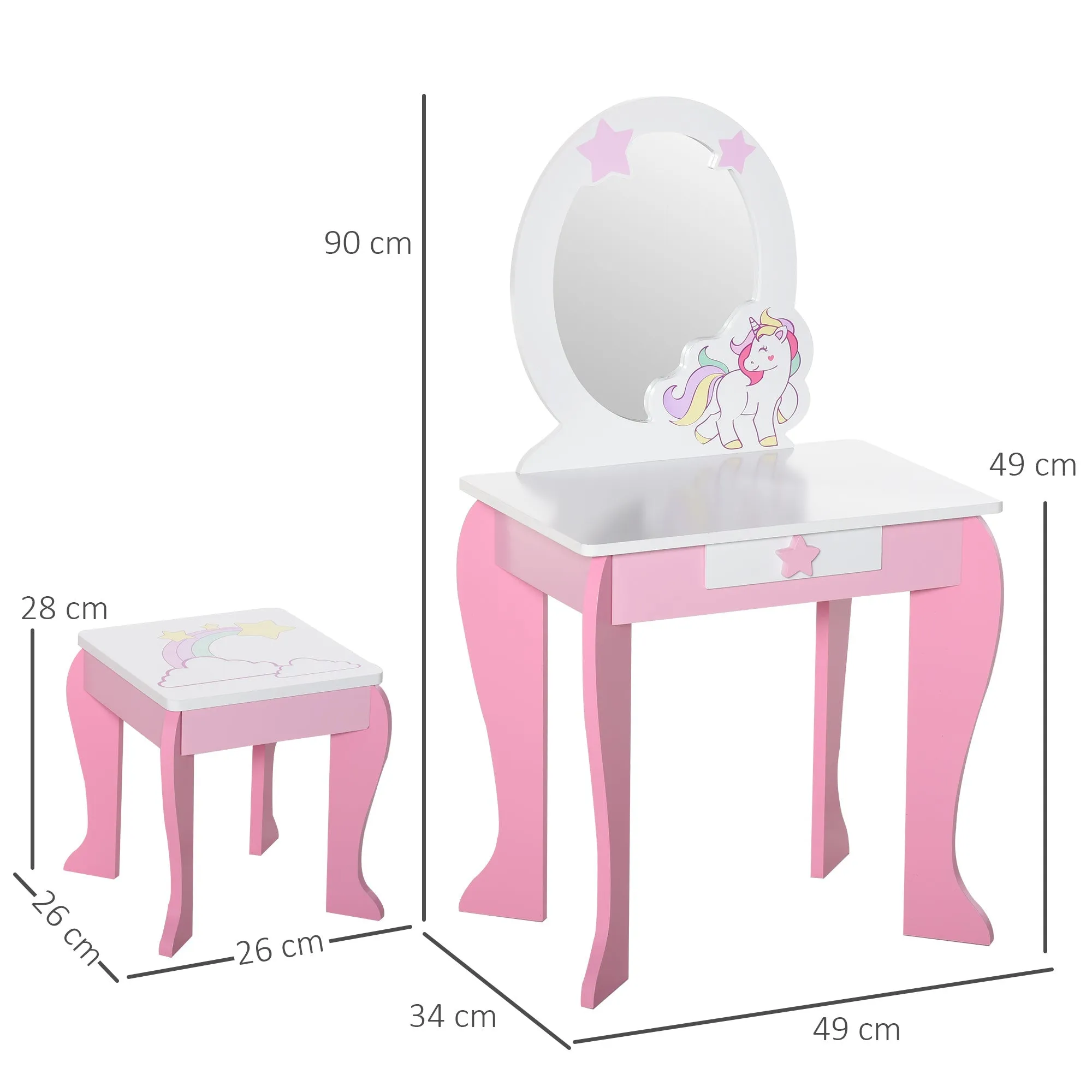 Dressing Table Mirror with Drawer and Wooden Stool, Games for Girls 3-6 Years Old Pink and White - Image 3