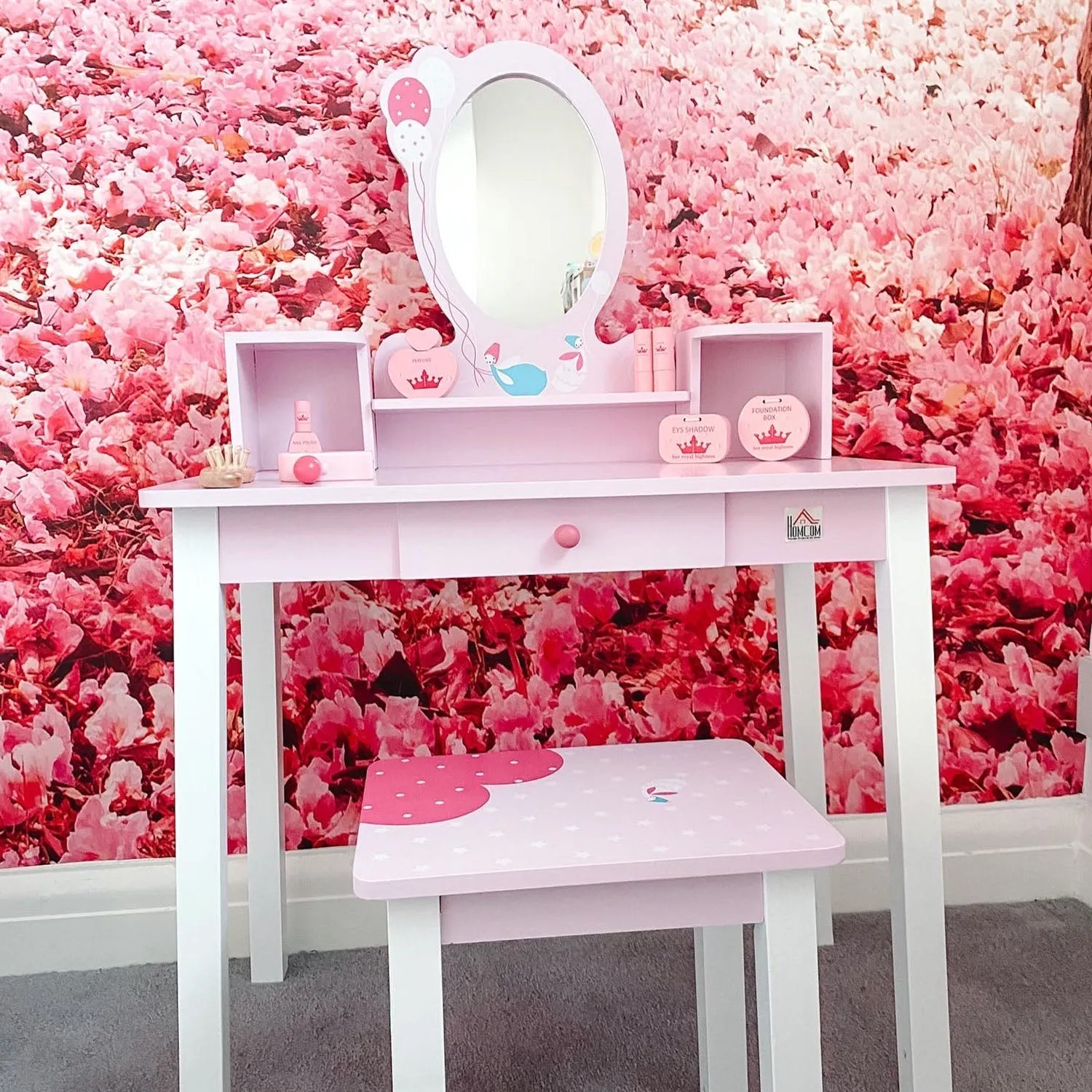 Wooden Dressing Table for Girls +3 Years, Toy Makeup Table Set with Mirror and Stool, Pink - Image 2