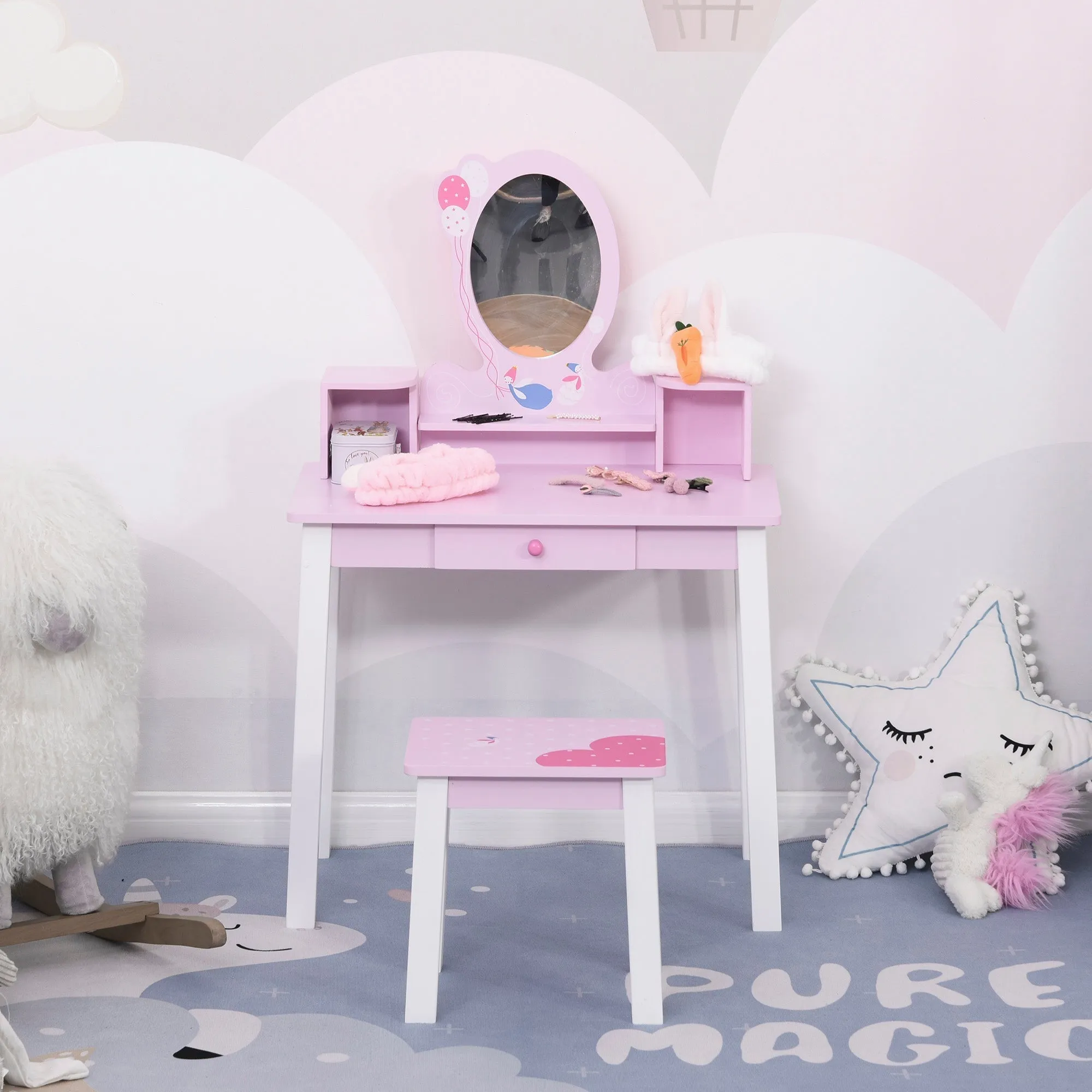 Wooden Dressing Table for Girls +3 Years, Toy Makeup Table Set with Mirror and Stool, Pink - Image 3
