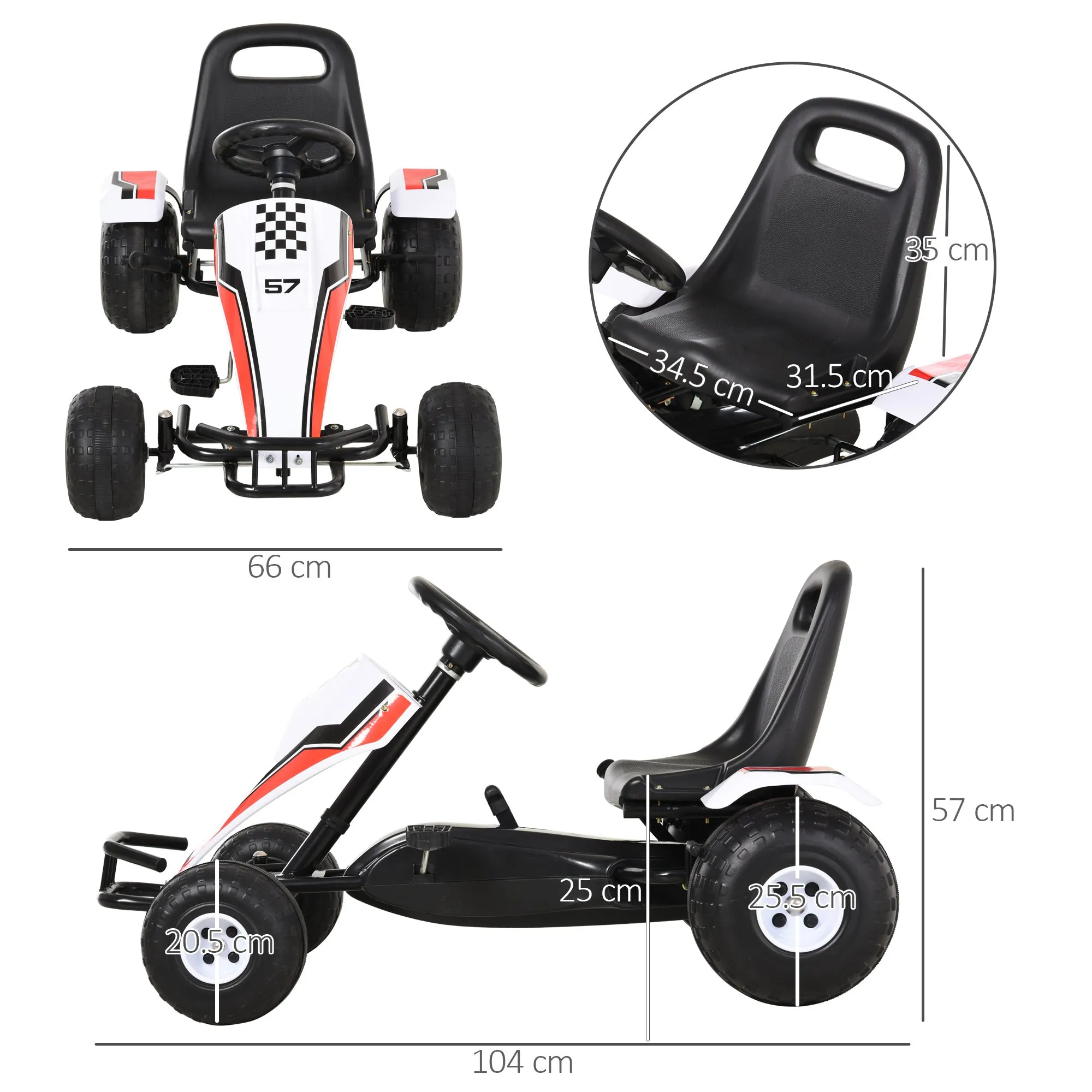 White Pedal Go-Kart for Children 3-8 Years with Adjustable Seat, Plastic Wheels, Handbrake and Gearbox - Image 3