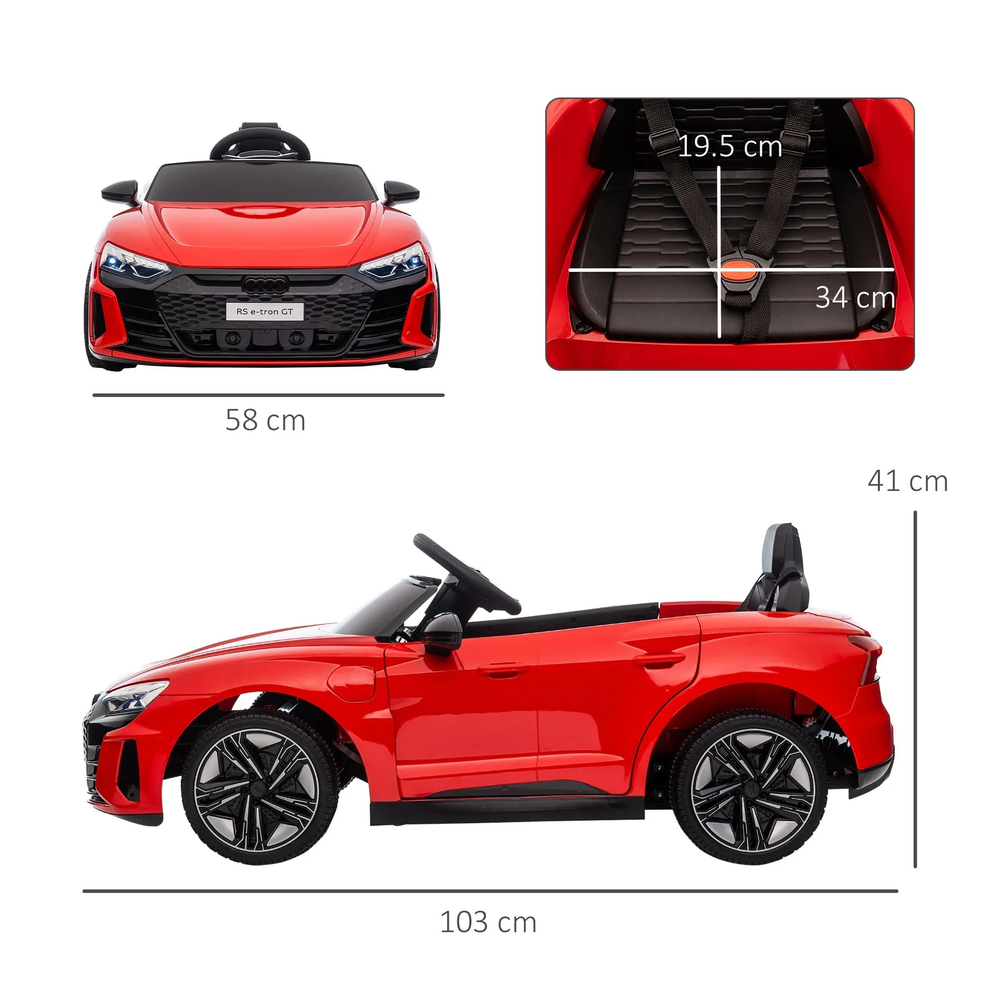 Electric Ride-On Car for Children 5 Years Max Audi License with Buttons, Seat Belts and Headlights, 103x58x41 cm, Red and Black - Image 3