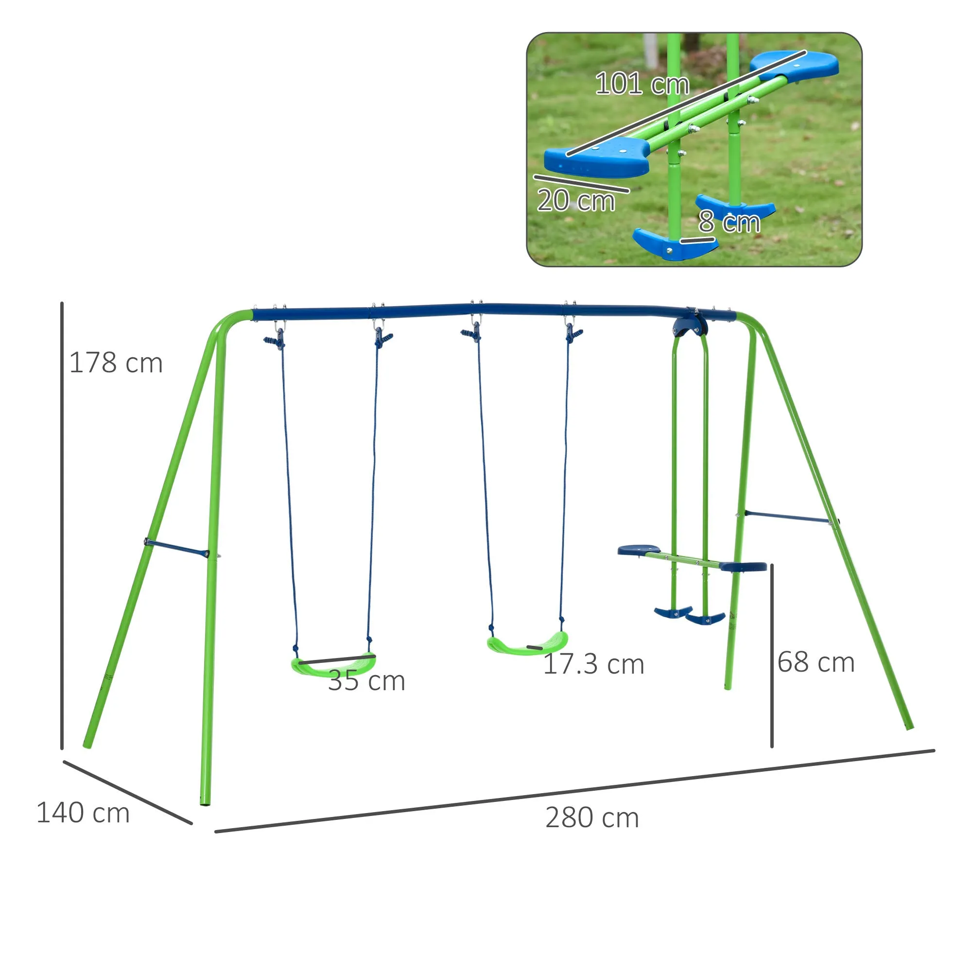 Garden Swing Set for 4 Children, 1 Double Swing and 2 Single Swings, Weight Capacity 45kg (Swing) 180kg (Total), 280x140x178cm - Image 3
