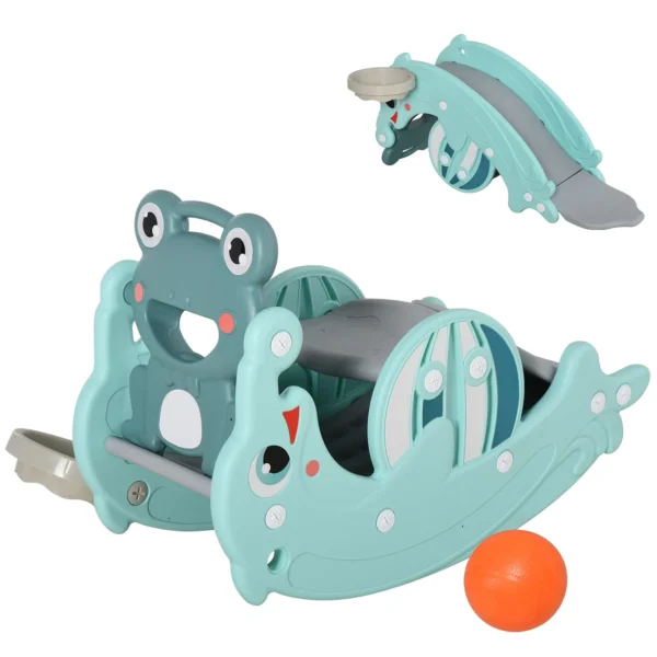 Rocking Horse 3-in-1 Slide for Kids and Basketball Hoop, Age 18-36 Months, for Home and Garden, Green