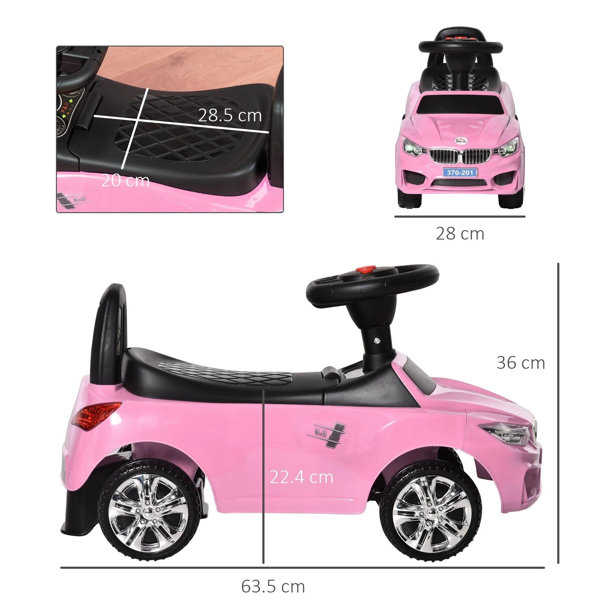 Children's Ride-On Toy Car with Steering Wheel, Built-in Headlights and Music, PP and Metal Children's Car, 63.5x28x36 cm, Pink - Image 3