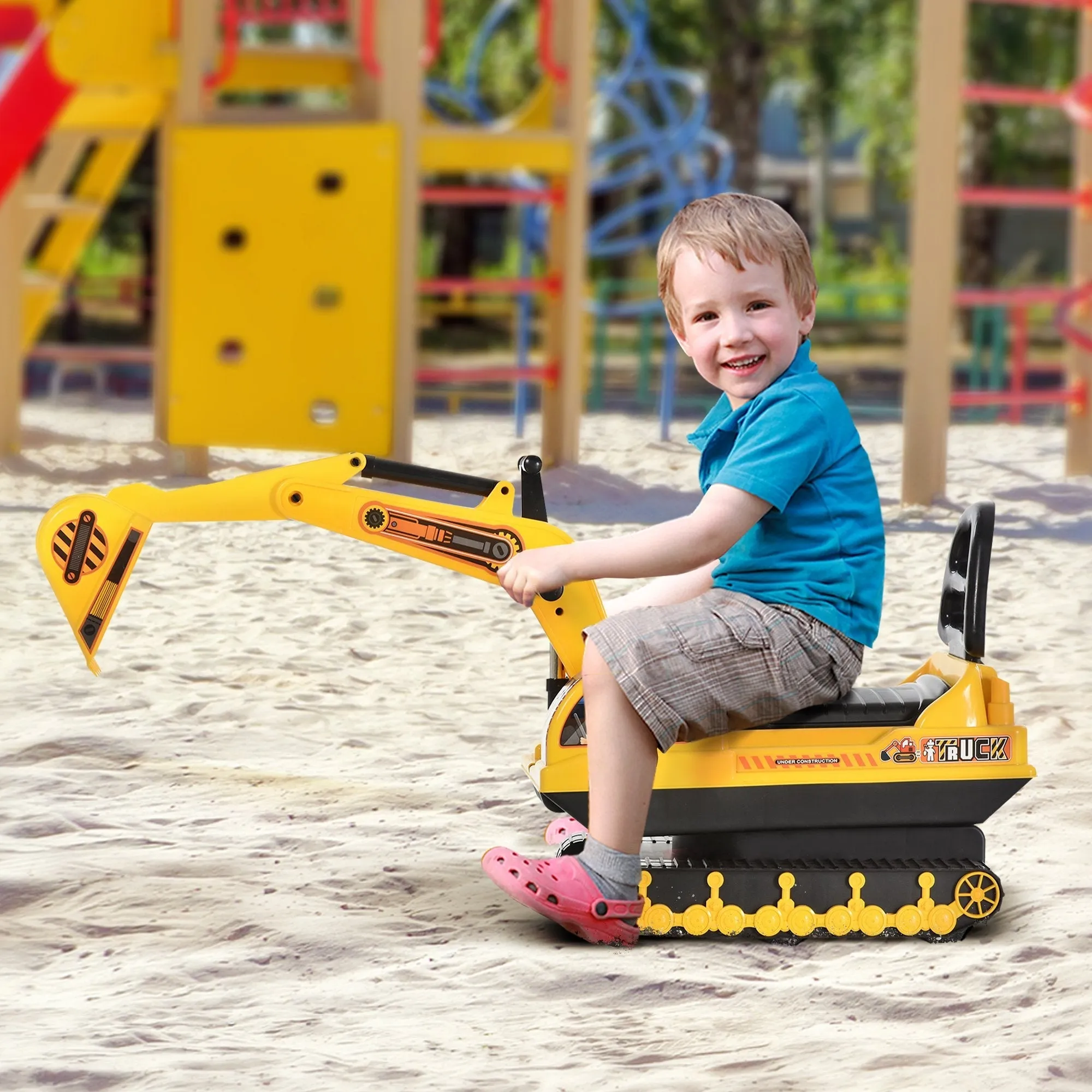 Excavator Bulldozer Ride-on Toy for Children max. 30 kg with Backrest, Movable Arm and Storage Compartment, 78x24x58.5cm - Image 2