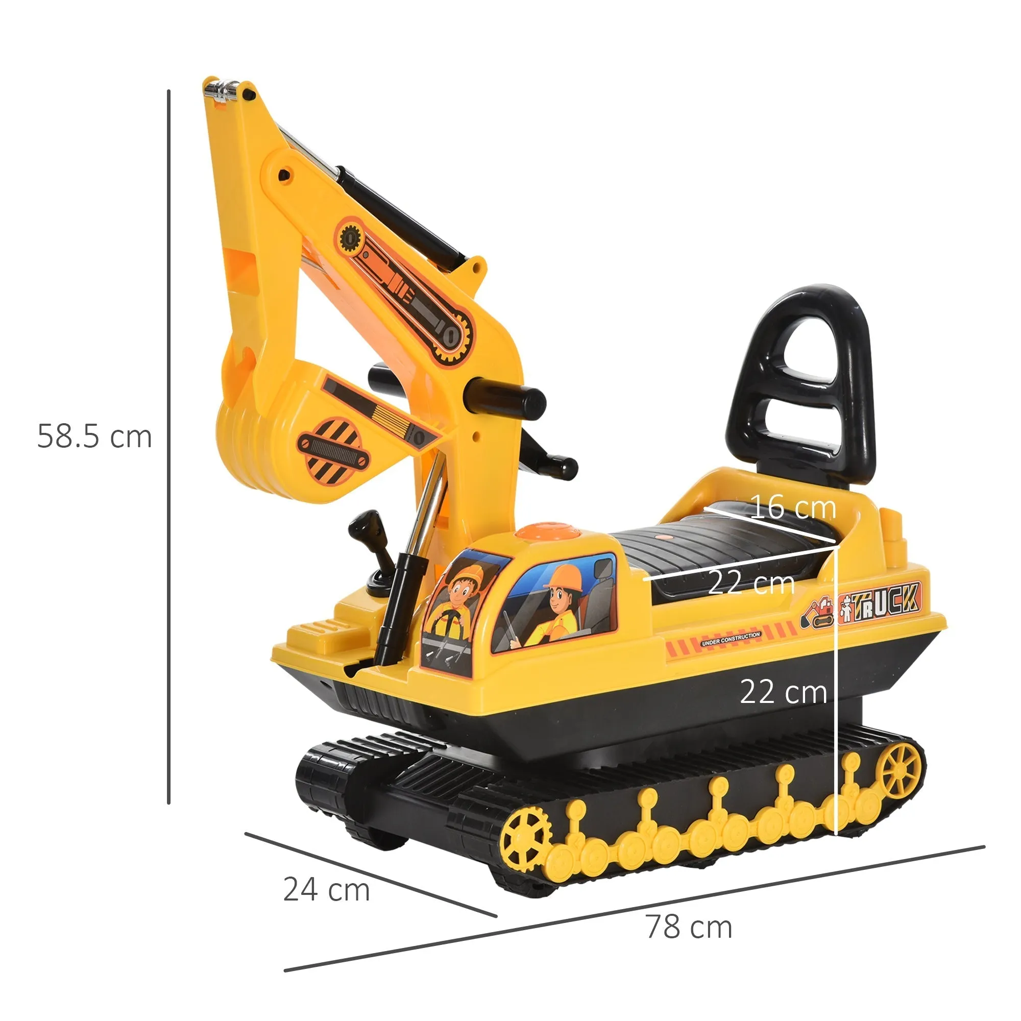 Excavator Bulldozer Ride-on Toy for Children max. 30 kg with Backrest, Movable Arm and Storage Compartment, 78x24x58.5cm - Image 3
