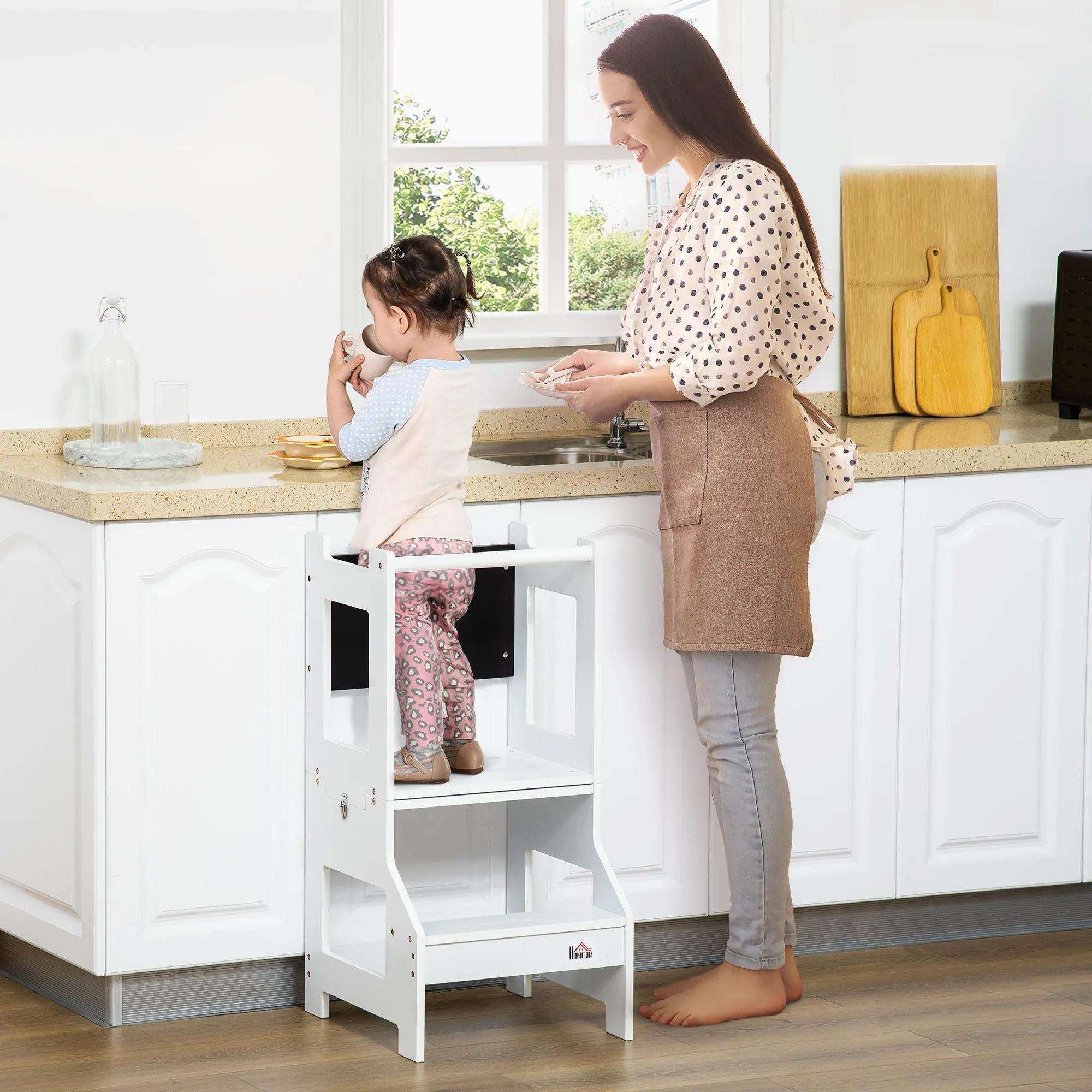 2 in 1 Detachable MDF Montessori Ladder with Stool and Blackboard Included for Children 3-6 Years, White - Image 2