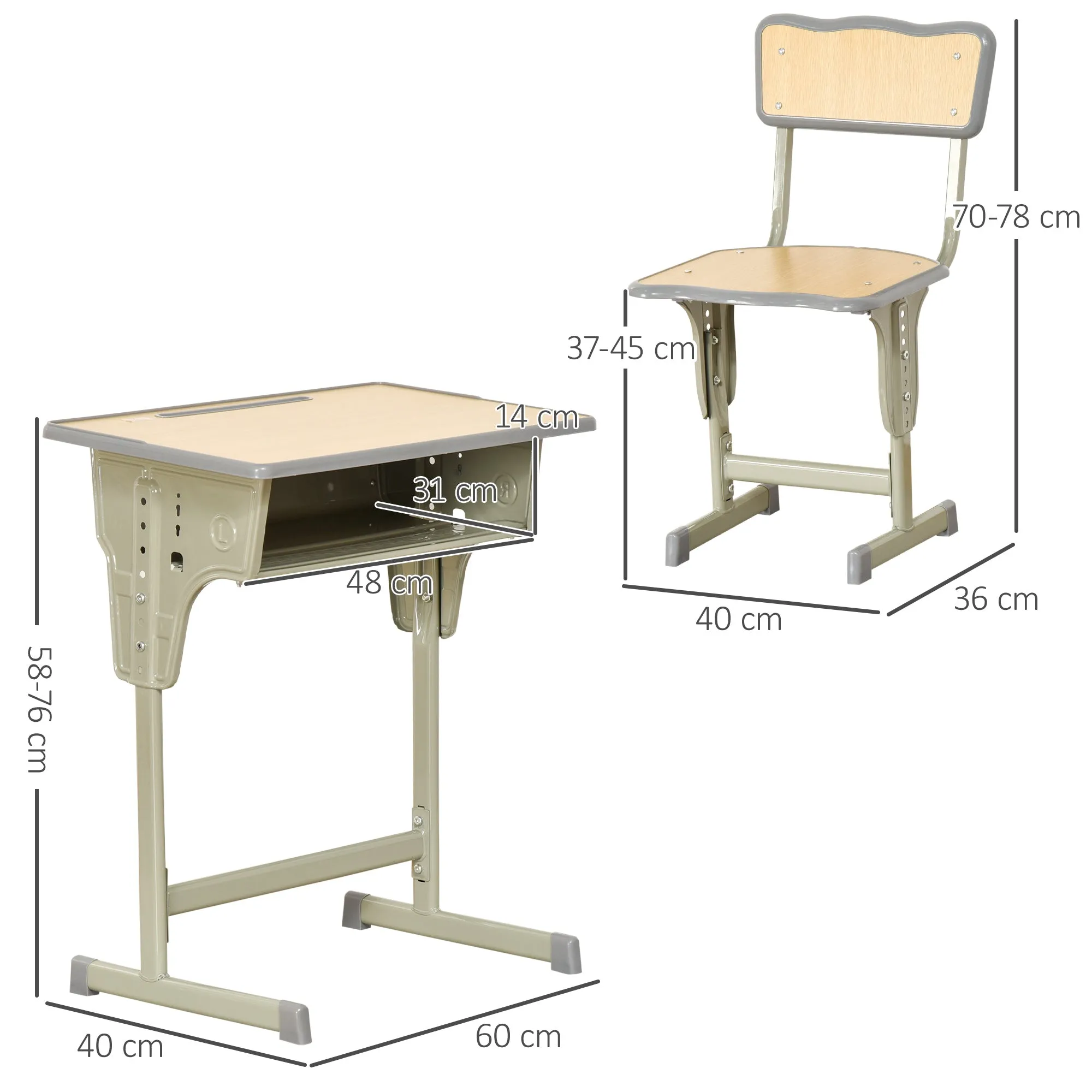 School desk with children's chair 6-12 years adjustable height container and carpels - wood - Image 3